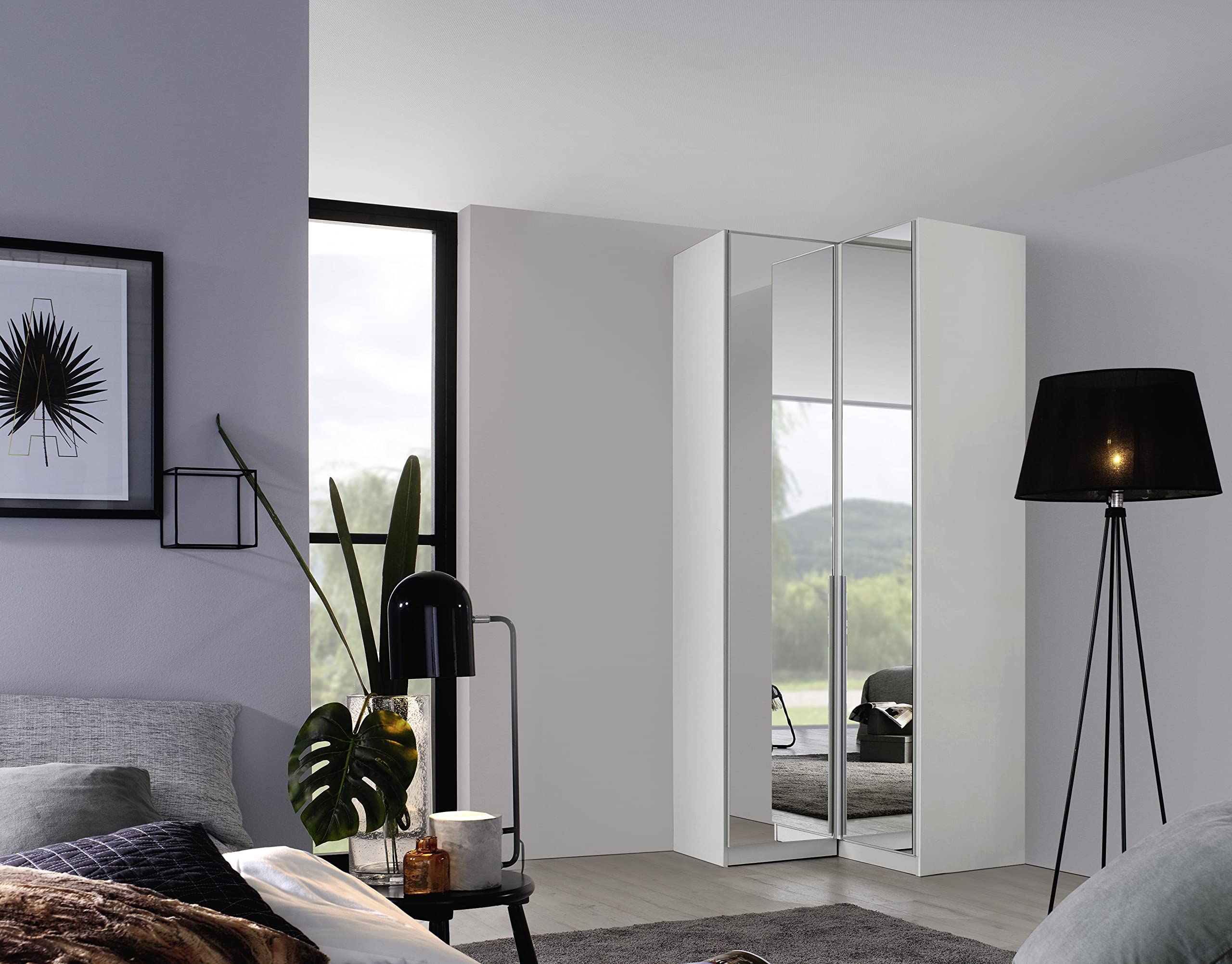 Rauch Möbel Alabama - Armadio angolare con specchio, 2 ante, con set di accessori Basic, 1 asta, 7 ripiani, 100 x 229 x 102 cm, colore: grigio
