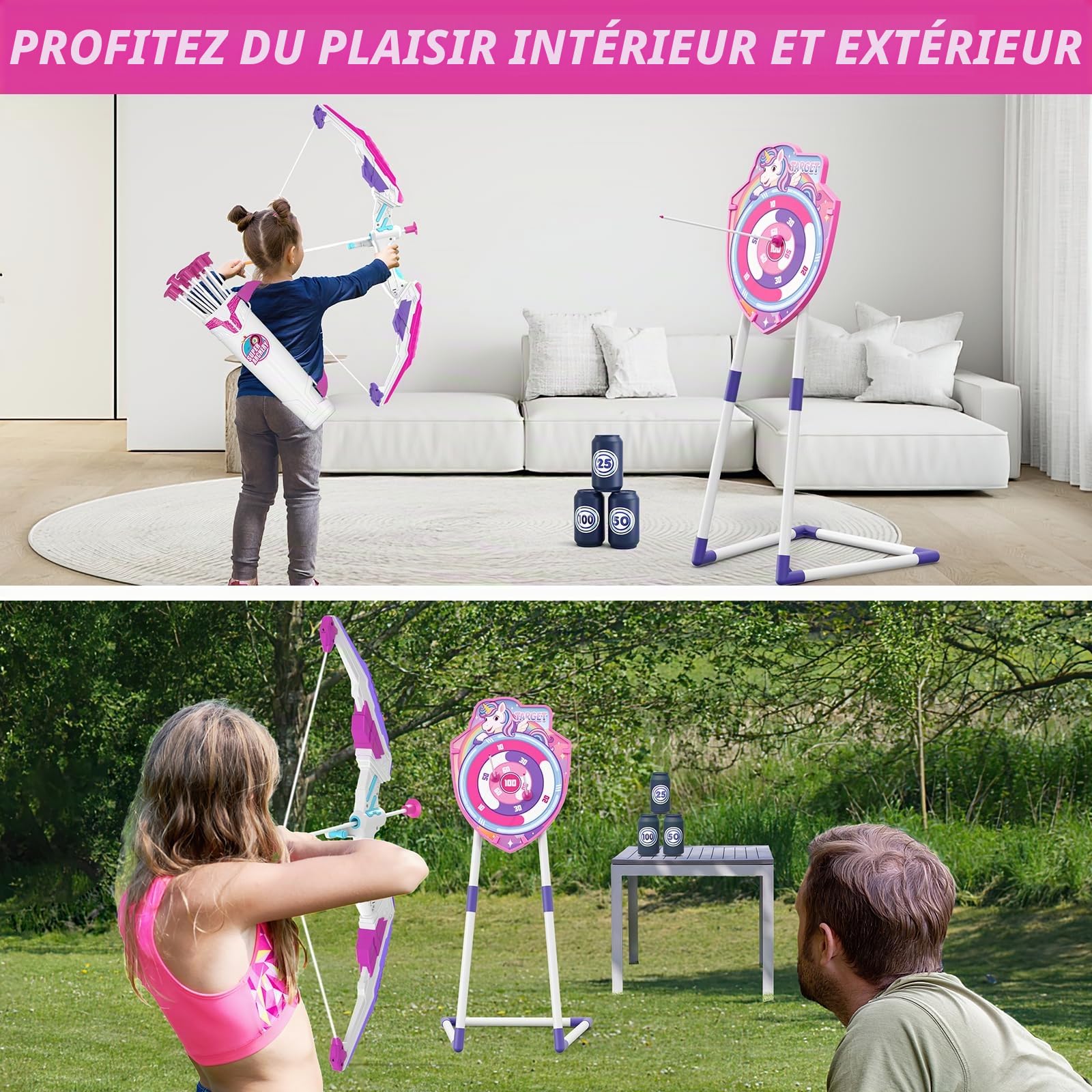 HYES Tir à l'arc Flèche et Arc Jouet pour Enfants, Kit de Tir à l'arc avec Lumières LED, flèches à Ventouse, Cible Debout, Flèches et Cibles de Score, Jouet d'Intérieur et d'Extérieur