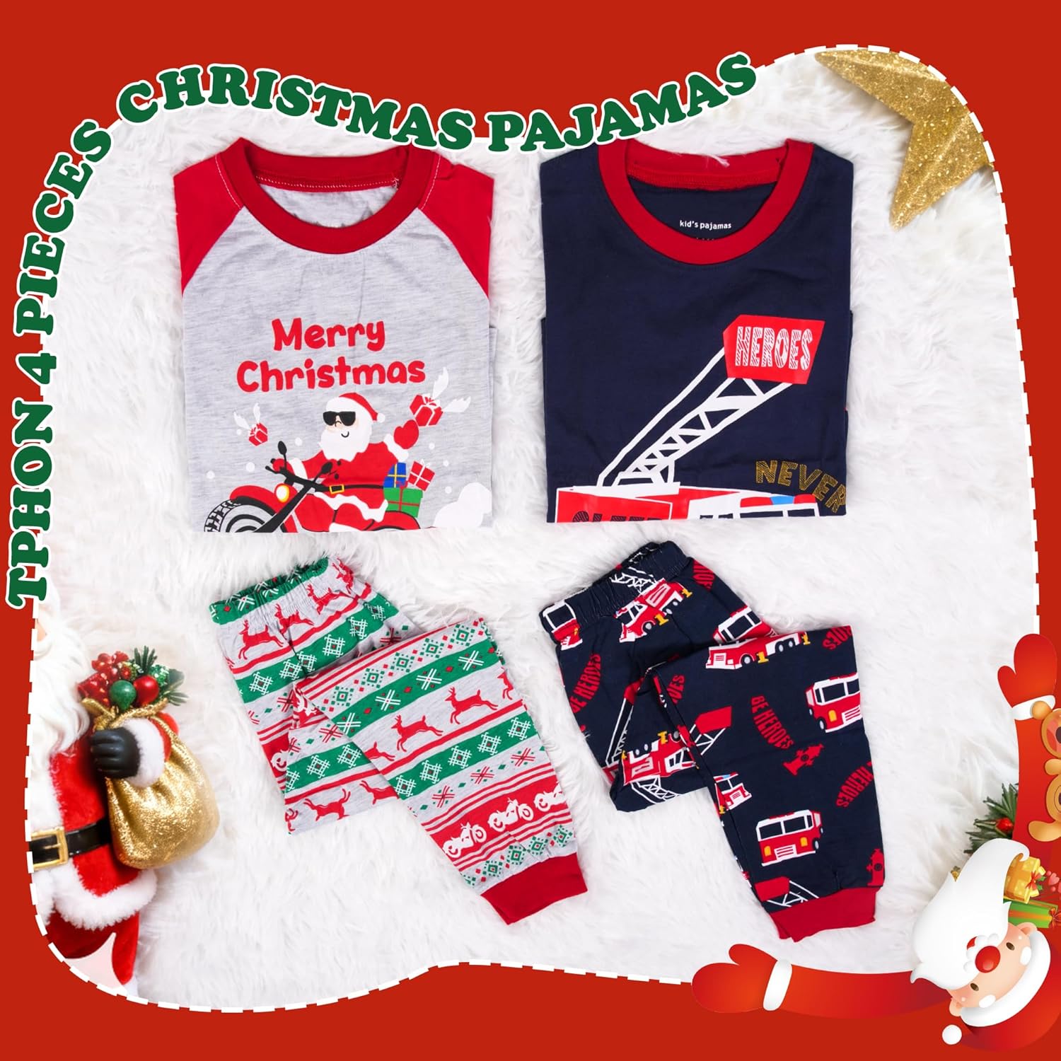 Tphon Boys Christmas Pajamas Sets 4 Pieces Kids Cotton Sleepwear Long Sleeve PJS Set for Children daily wear and Christmas - Image 6