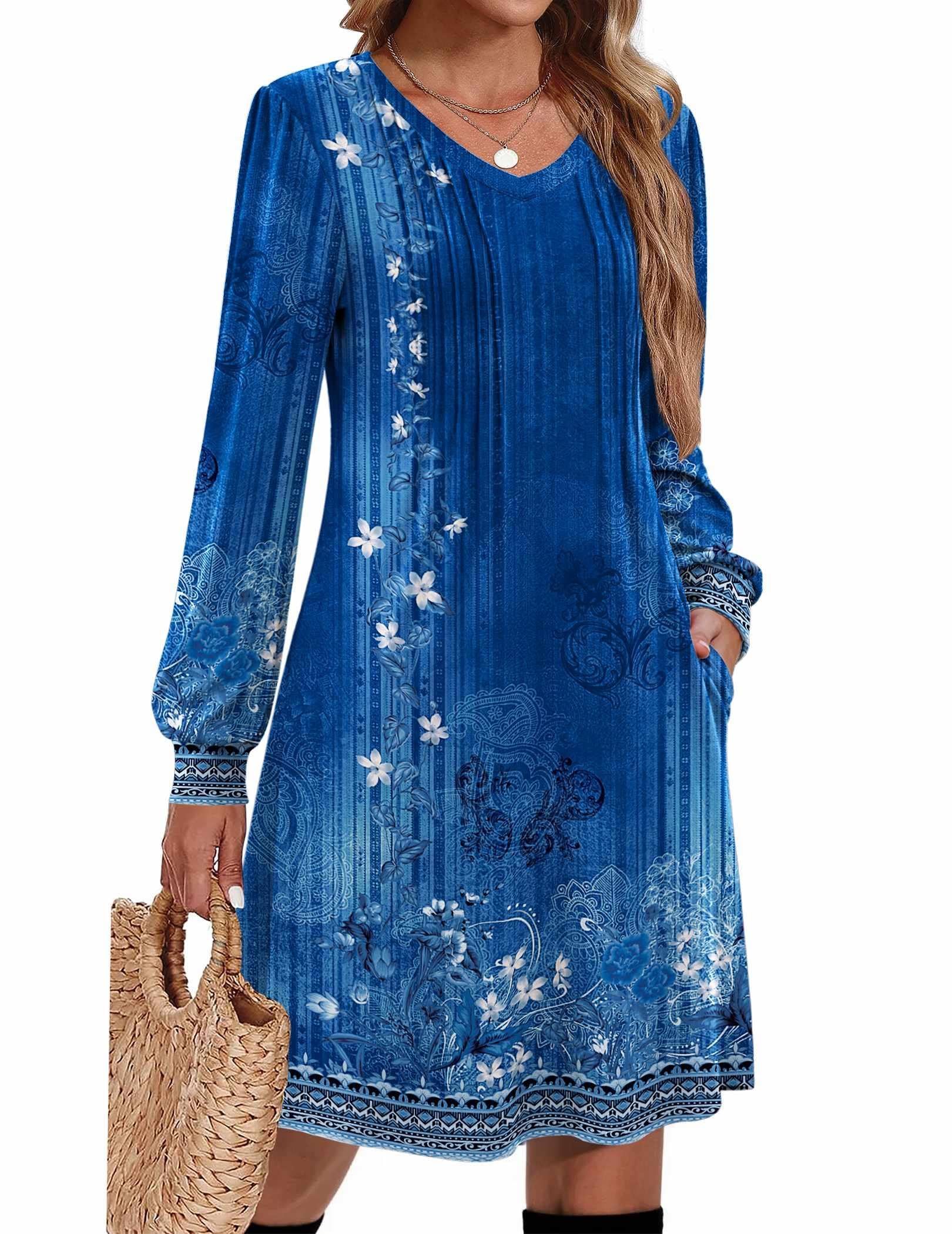 Zeagoo Fall Dresses for Women Long Sleeve Casual Pleated V Neck Dress 2025 A Line Tunic Dress