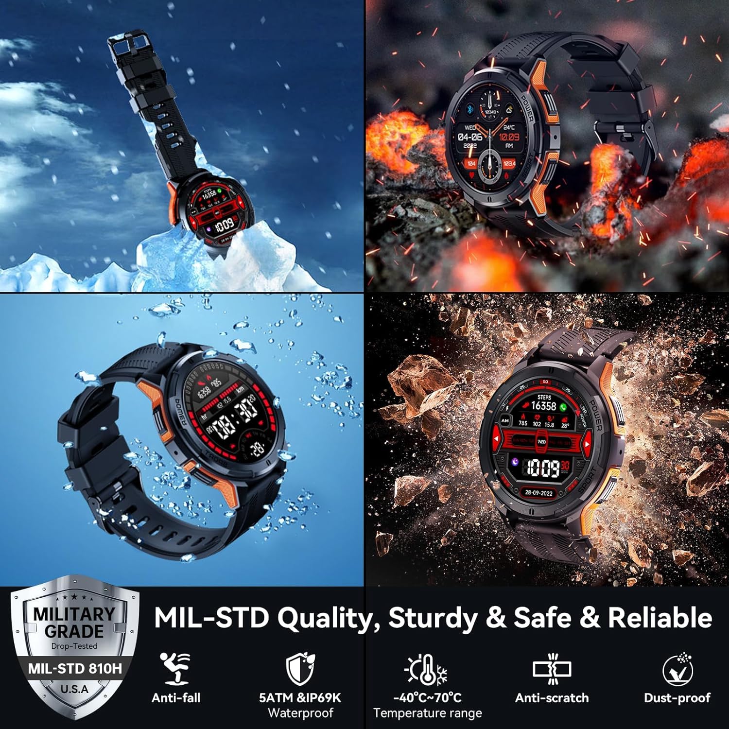 OBA Oukitel BT10 Montre connectée pour Homme avec appels Bluetooth, écran AMOLED de 1,43", Batterie 410 mAh, étanche 5 ATM avec Moniteur de fréquence Cardiaque, Moniteur de Sommeil pour Android iOS,