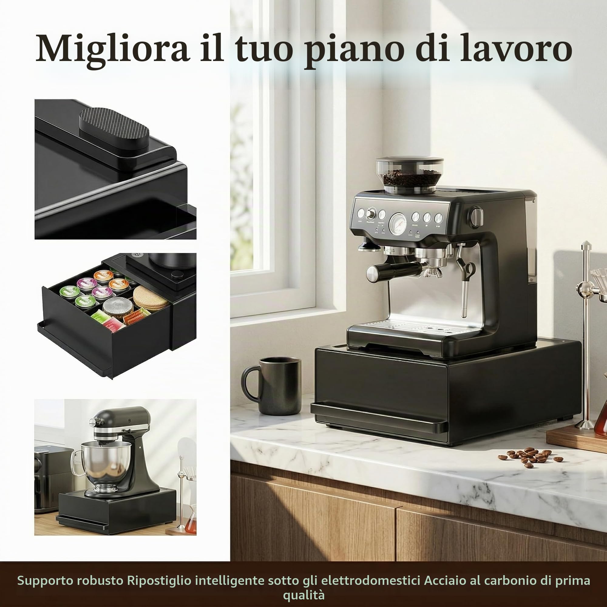 Contenitore per capsule da caffè (27,5 x 22,2 x 11,5 cm) con cassetto, realizzato in acciaio al carbonio, capacità di carico di 11 lbs,organizer per macchina da caffè, mixer, bollitore