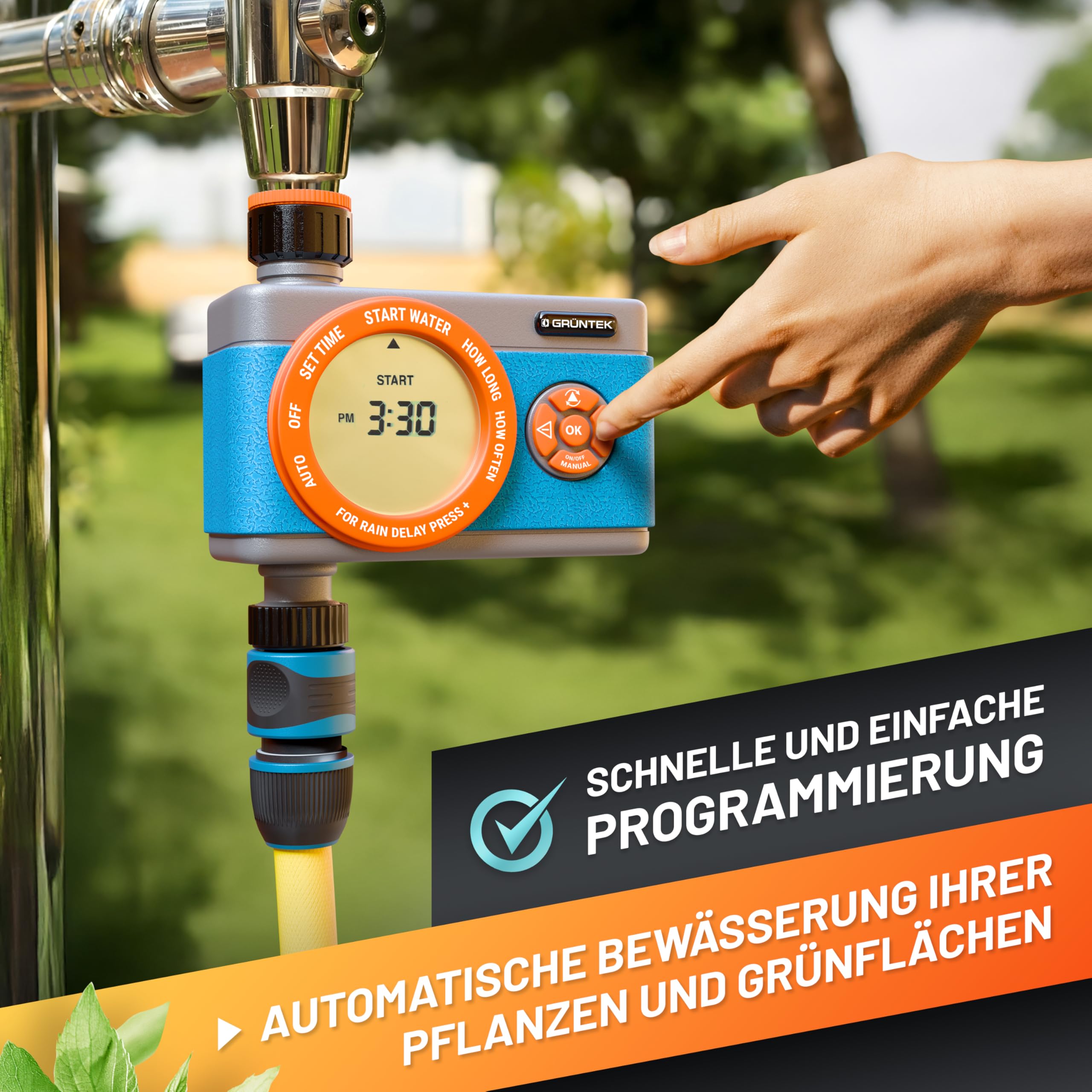GRÜNTEK Digitale Bewässerungssteuerung mit Digitalanzeige, Flexibler Bewässerungscomputer mit Wahl der Wochentage und Bewässerungstimer von 1 Min. bis 360 Min.