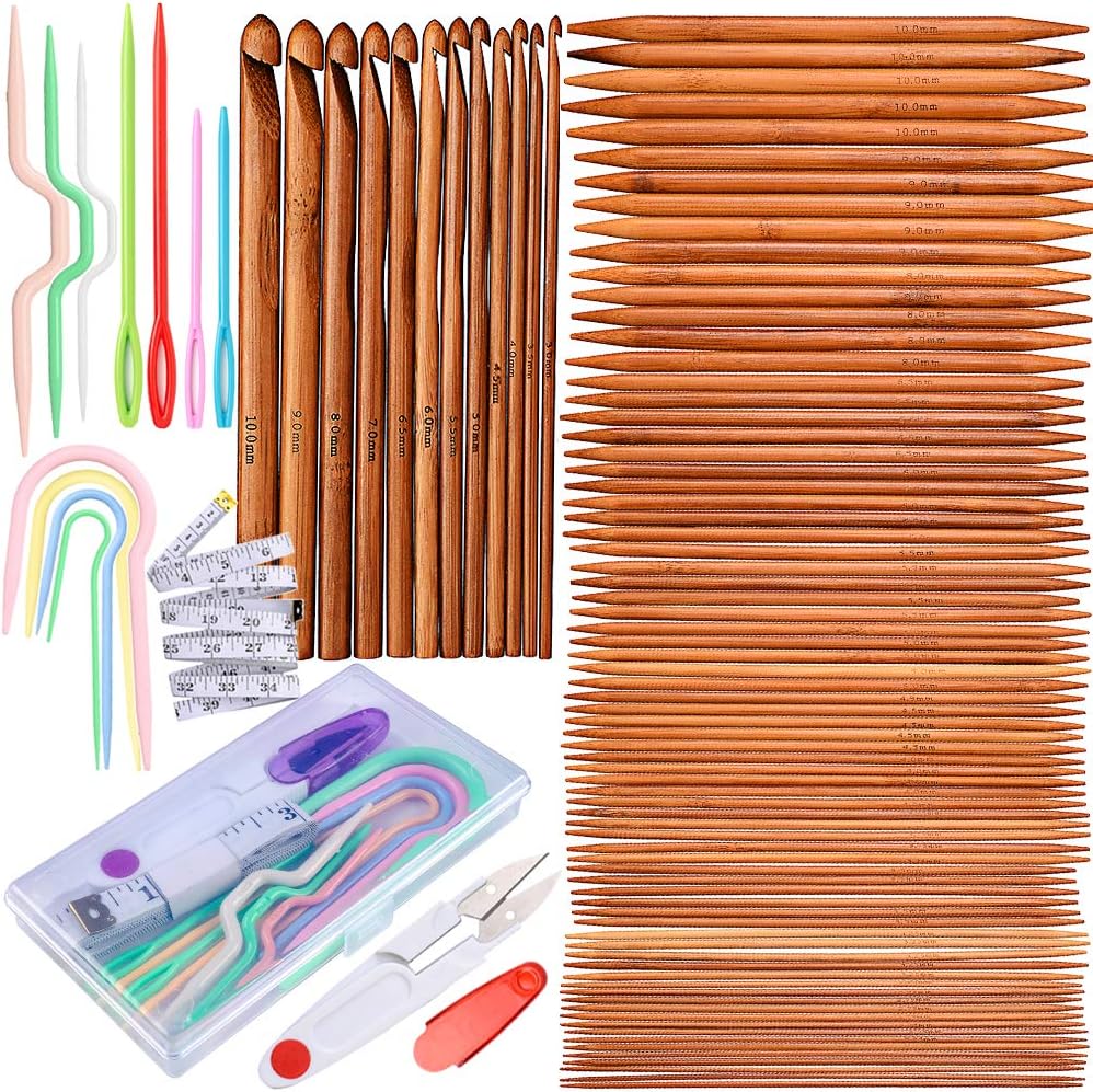 Exquiss 75 PCS Knitting Needles Set, Bamboo Double Pointed Knitting Needles (7.9'' Length), 12pcs Crochet Hooks Set (6.1'' Length), Crochet Kits are Included, 12 Sizes: 2mm-10mm, 15 Sizes: 3mm-10mm