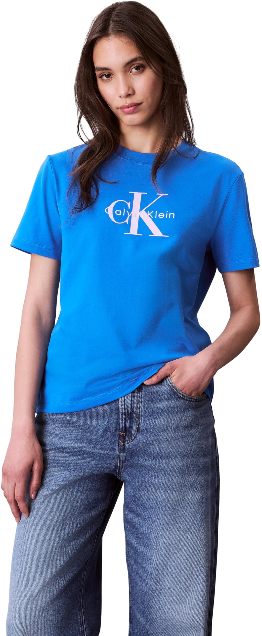 Calvin Klein Women’s Short Sleeve Round Neck Hero Classic Monologo T-Shirt, Blue (Cobalt Blue), XS