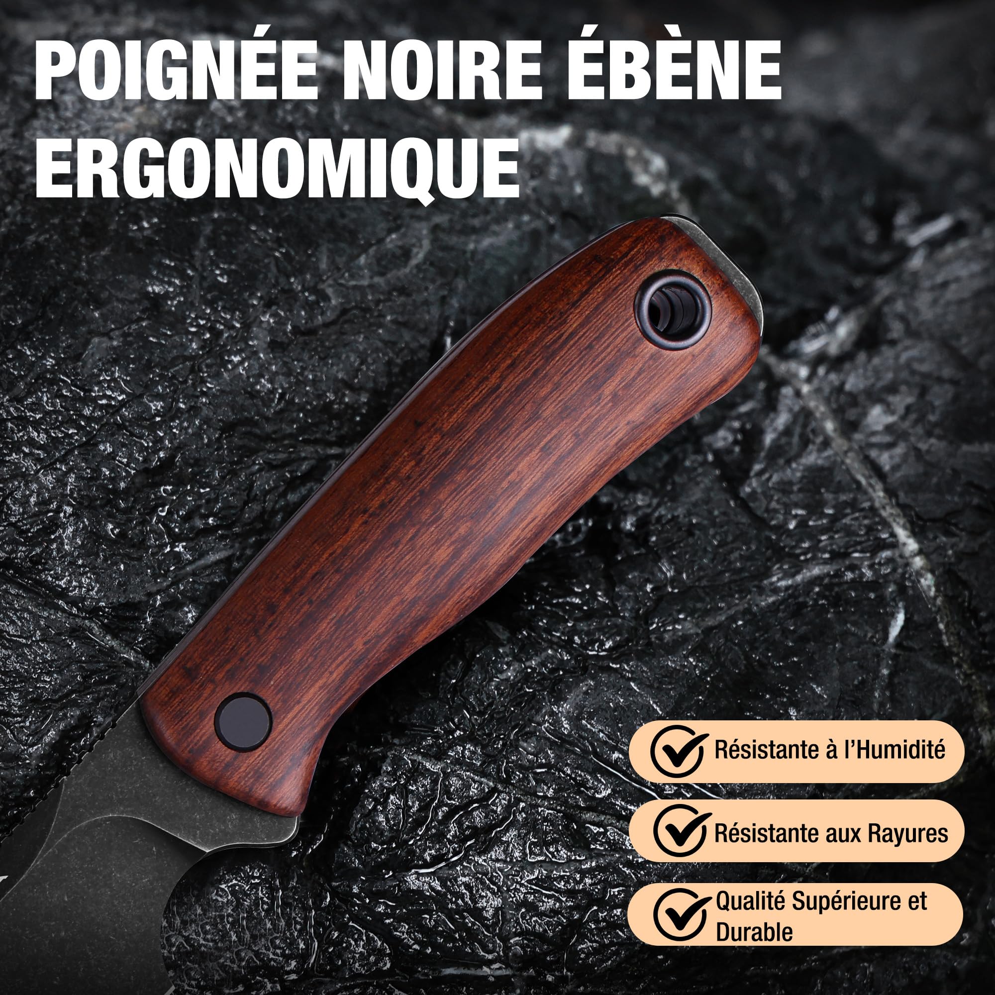 FLISSA Couteau à Lame Fixe 14C28N, Couteau Pleine Soie (Full-Tang) avec Manche en Bois d’Ébène et Étui, Idéal pour Camping, Randonnée, Alpinisme, Voyage