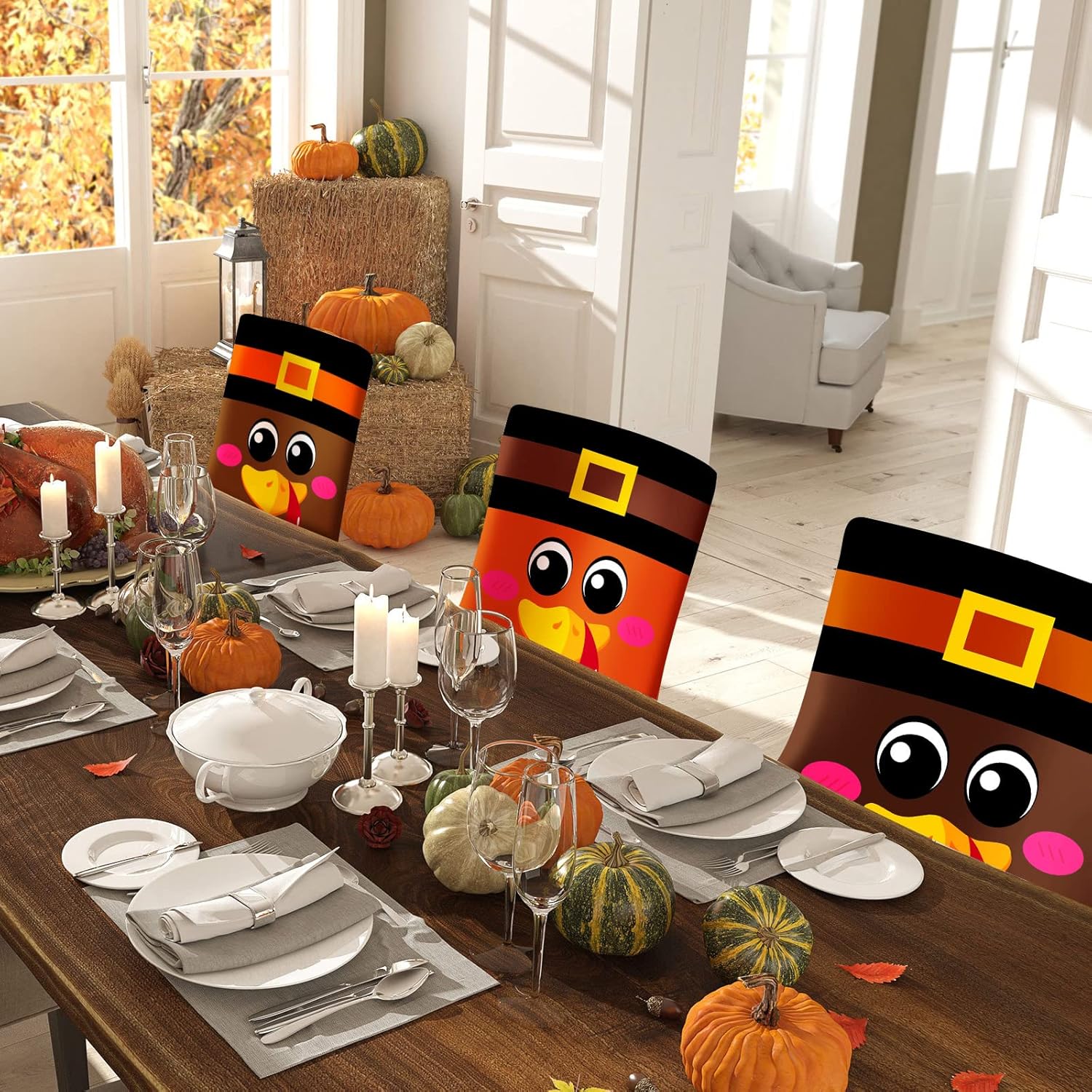 4 Pcs Thanksgiving Chair Covers Holiday Turkey Dining Chair Back Slip Covers Thanksgiving Turkey Holiday Funny Turkey Dining Chair Back Slipcover for Thanksgiving Kitchen Hotel Wedding Ceremony