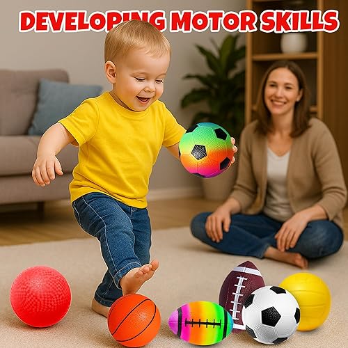 Miniatura 3 de Paquete de 7 pelotas deportivas para niños con bolsa de pelotas para niños pequeños de 1 a 3 años, fútbol, baloncesto, béisbol, voleibol, juguetes