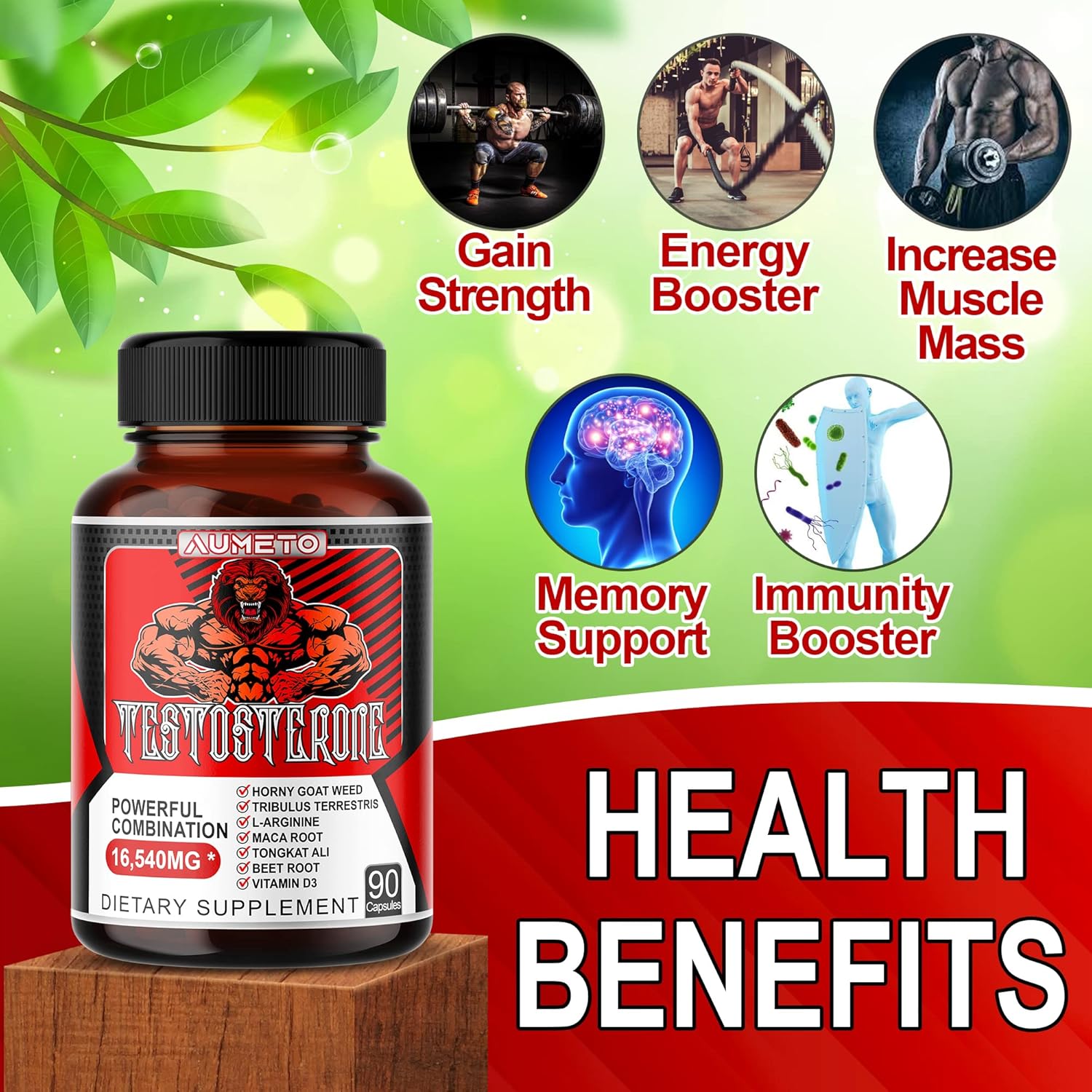 AUMETO 8IN1 Ultra Test Support 16540mg w Tribulus Terrestris L-Arginine Maca Root Tongkat Ali Beet Root VIT D3 - Energy Workout Muscle Strength Support 90 Capsules (90 Count (Pack of 1)) : Health & Household
