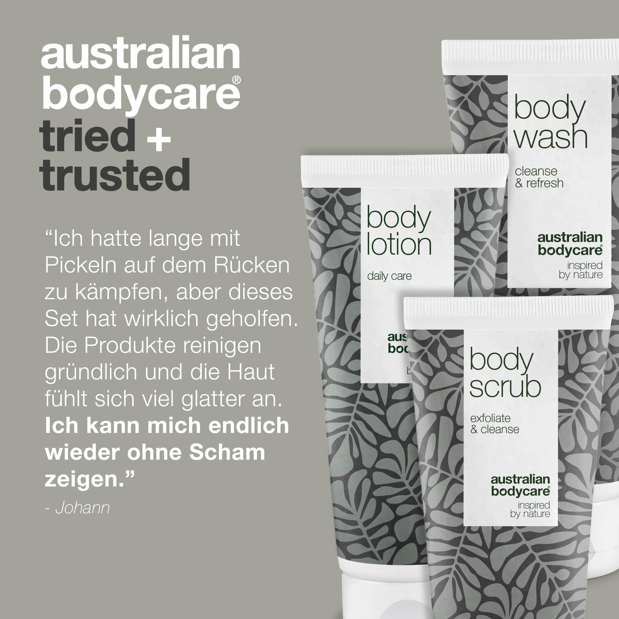 Australian Bodycare Set gegen Pickel auf dem Rücken | Teebaumöl Körperpeeling, Duschgel & Bodylotion bei unreiner Haut & gegen Pickel am Po | Auch gegen Juckreiz am ganzen Körper | 100% Vegan