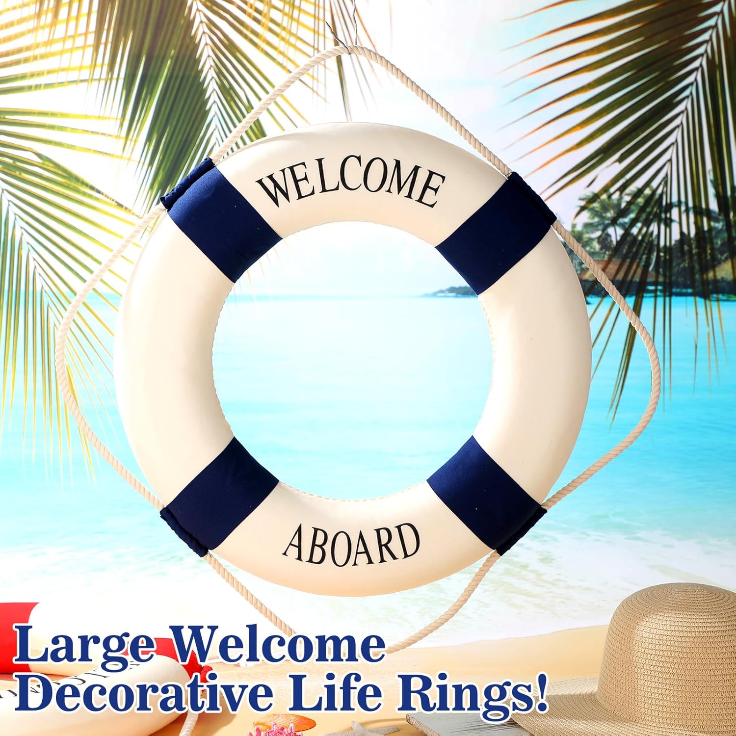 2 Pcs Lifebuoy Wall Hanging Decor Large Life Preserver Ring Decorative Welcome Aboard Mediterranean Style Decoration Nautical Pool Safety Ring