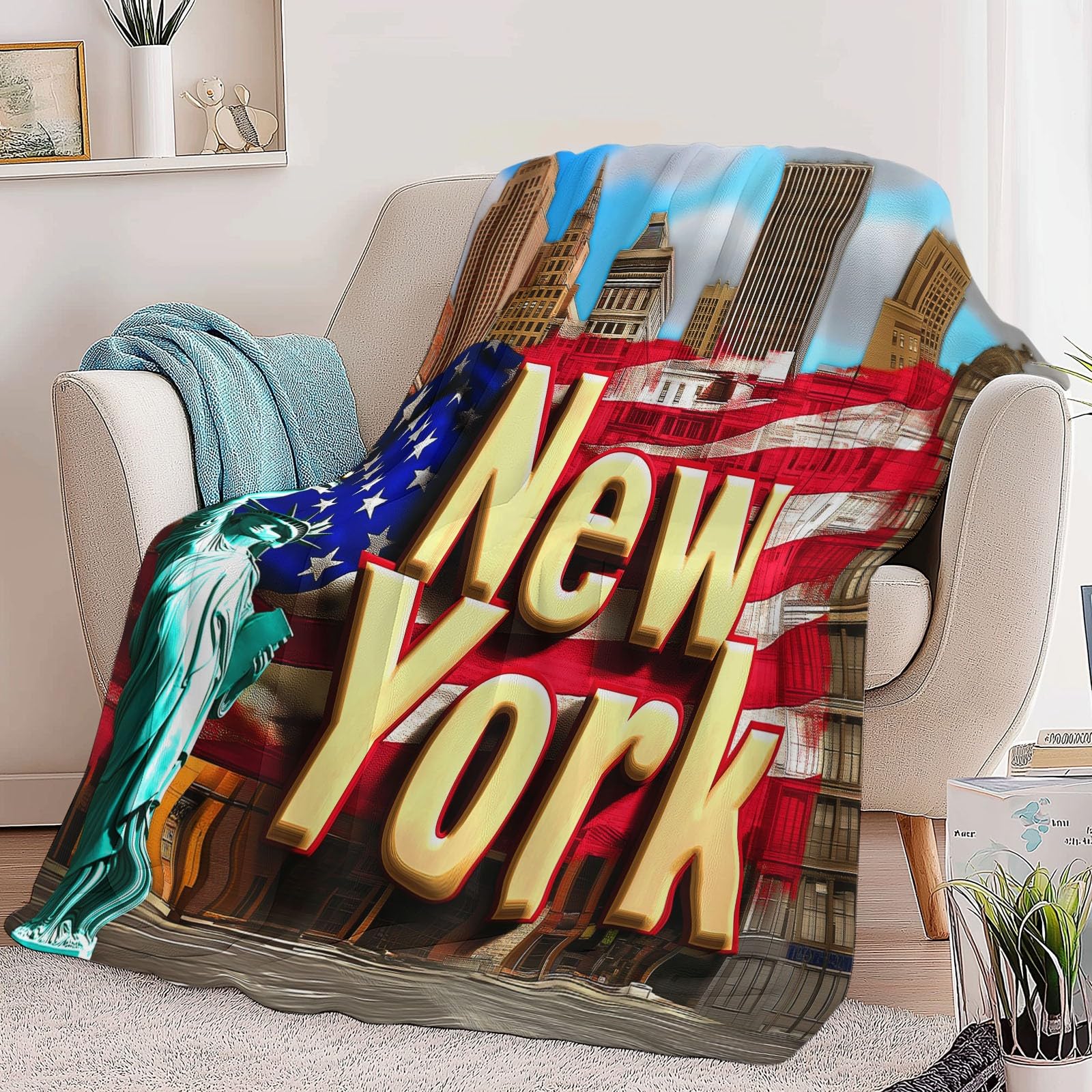 Koc w kratę 3D, tekst New York, duży rozmiar, miękki i ciepły flanelowy koc, wygodny dla dzieci i dorosłych, 220 x 240 cm