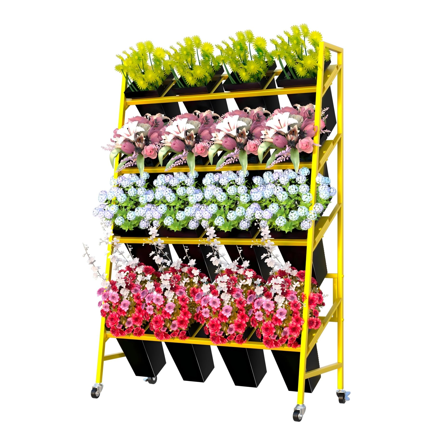 Blumenständer, 4-stöckig, Metall-Pflanzenständer mit 16 Kunststoff-Blumeneimern, beweglicher, robuster Blumenwagen, Blumenregal für drinnen und draußen, Terrasse (black)