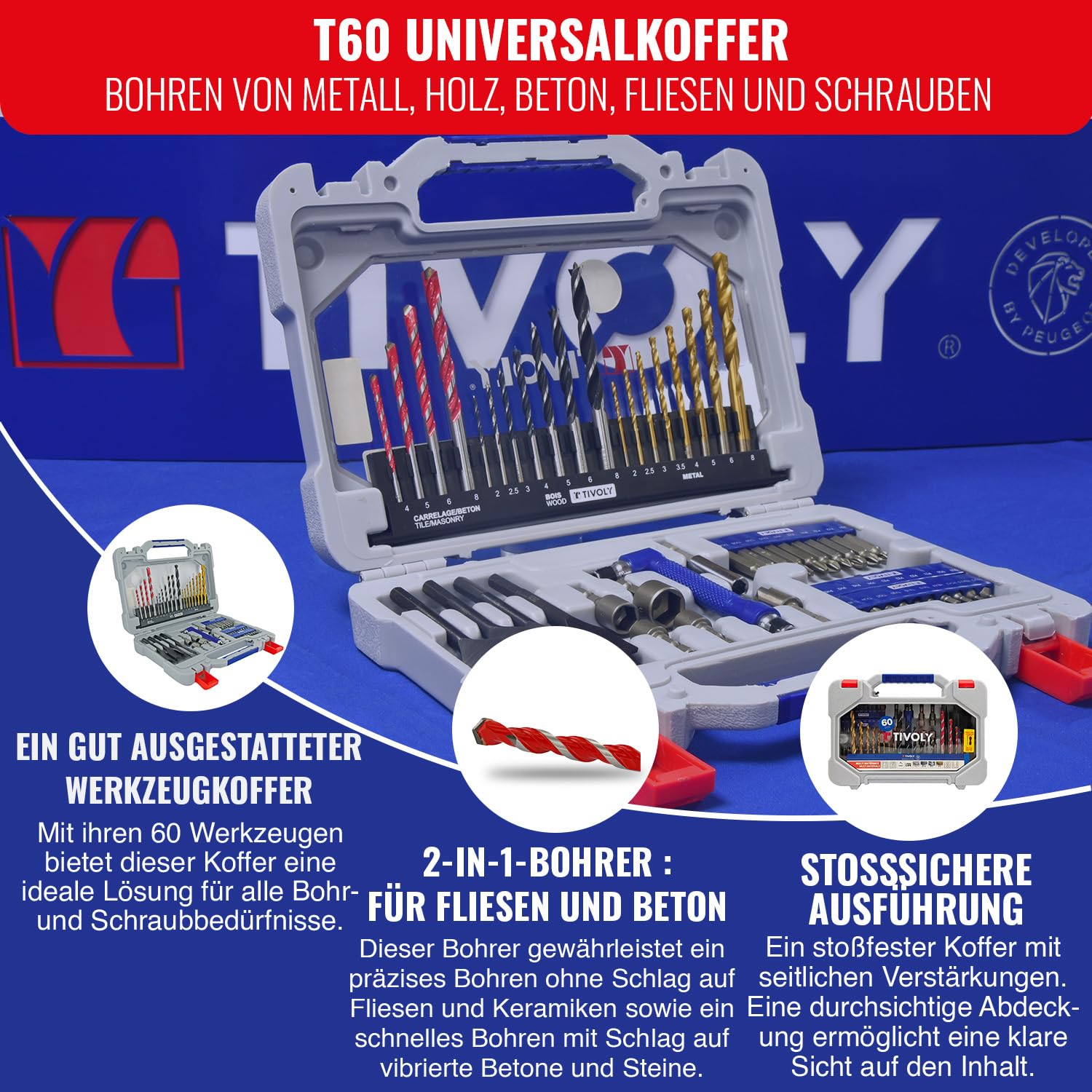 TIVOLY - Set aus Bohrern + Bits - Zum Bohren und Schrauben - 60-teiliges Koffer-Set: 8 Metallbohrer, 7 Holzbohrer, 4 Flachbohrer, 4 Betonbohrer, 1 Bit-Halter + 30 Bits