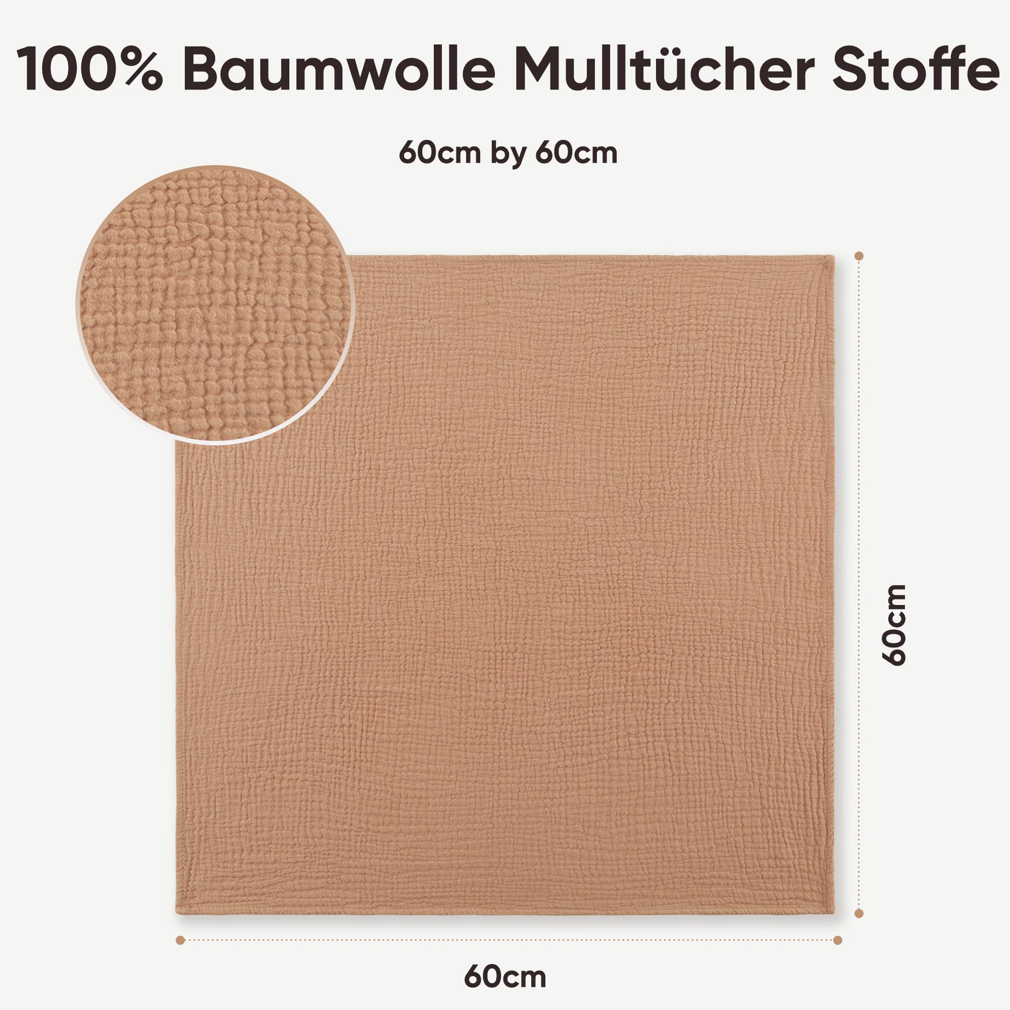 Bearmoss Langes Algodón BeBé 60 x 60 cm Gasa de algodón - Lote de 10 Gasa de algodón cuadrado absorbente de grano para Unisex Bebé Niñas y Niños (Marrón)