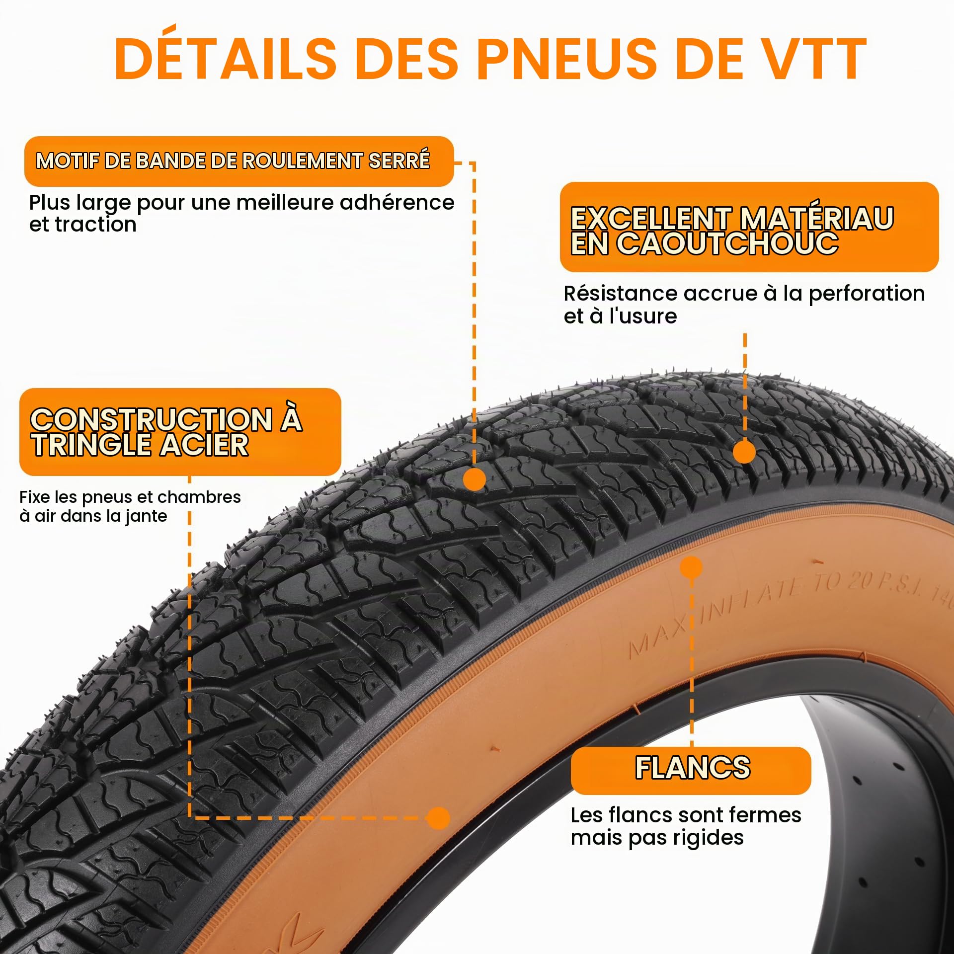 2-Pack 20x4.0 Fat VéLo Pneu, 20 Pouce Montagne Pneus De VéLo & Les Tubes Ensemble, Pliage Remplacement Pneus De VéLo avec Pneu Les Leviers pour Hors Route, VéLo éLectrique