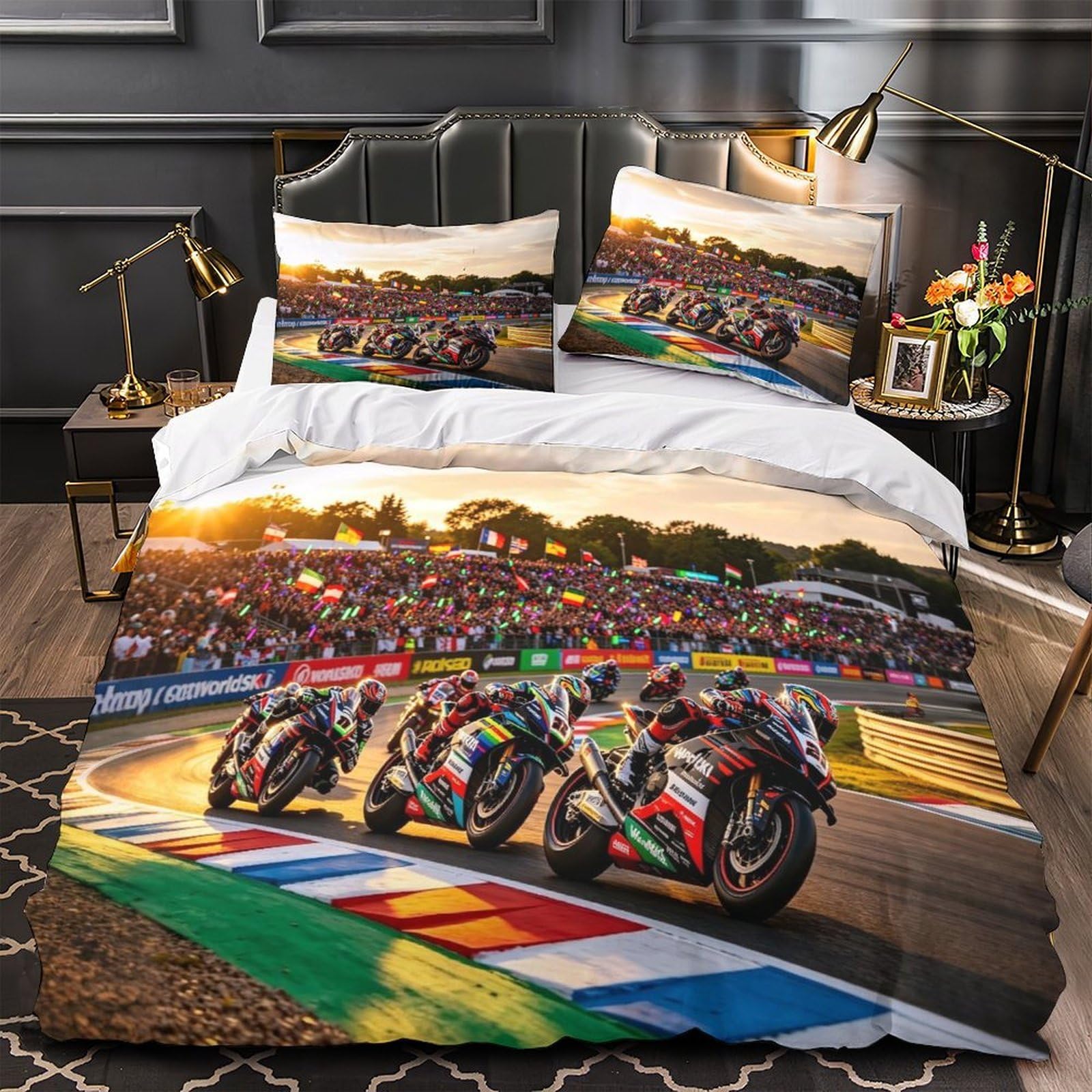 DAFUfbw 3D Printed Motor Road Racing Quilt Cover Double（200x200cm）, Breathable Duvet Cover Motorcycle Race Comforter Cover with Pillowcase