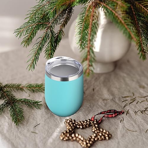 Miniatura 5 de DOMICARE - Juego de 8 vasos de vino de 12 onzas con tapa, hechos de acero inoxidable con aislamiento al vacío de doble pared, color celeste