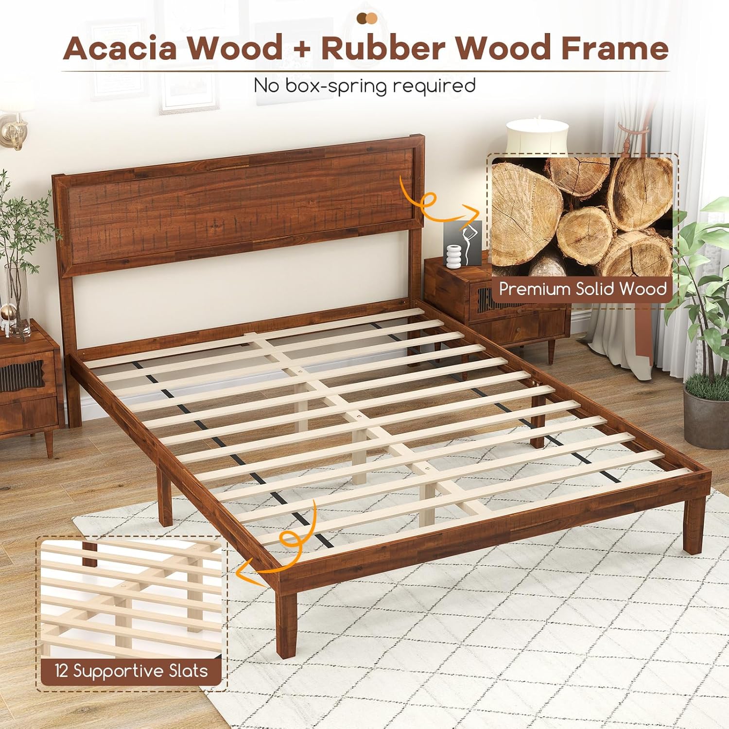 KOMFOTT Queen Size Wood Bed Frame with Headboard, Solid Acacia Wood Platform Bed Frame, Wooden Slats Supported Bed Base with Under-Bed Storage Space, No Box Spring Needed, Wood Queen Bed (Brown,Queen)