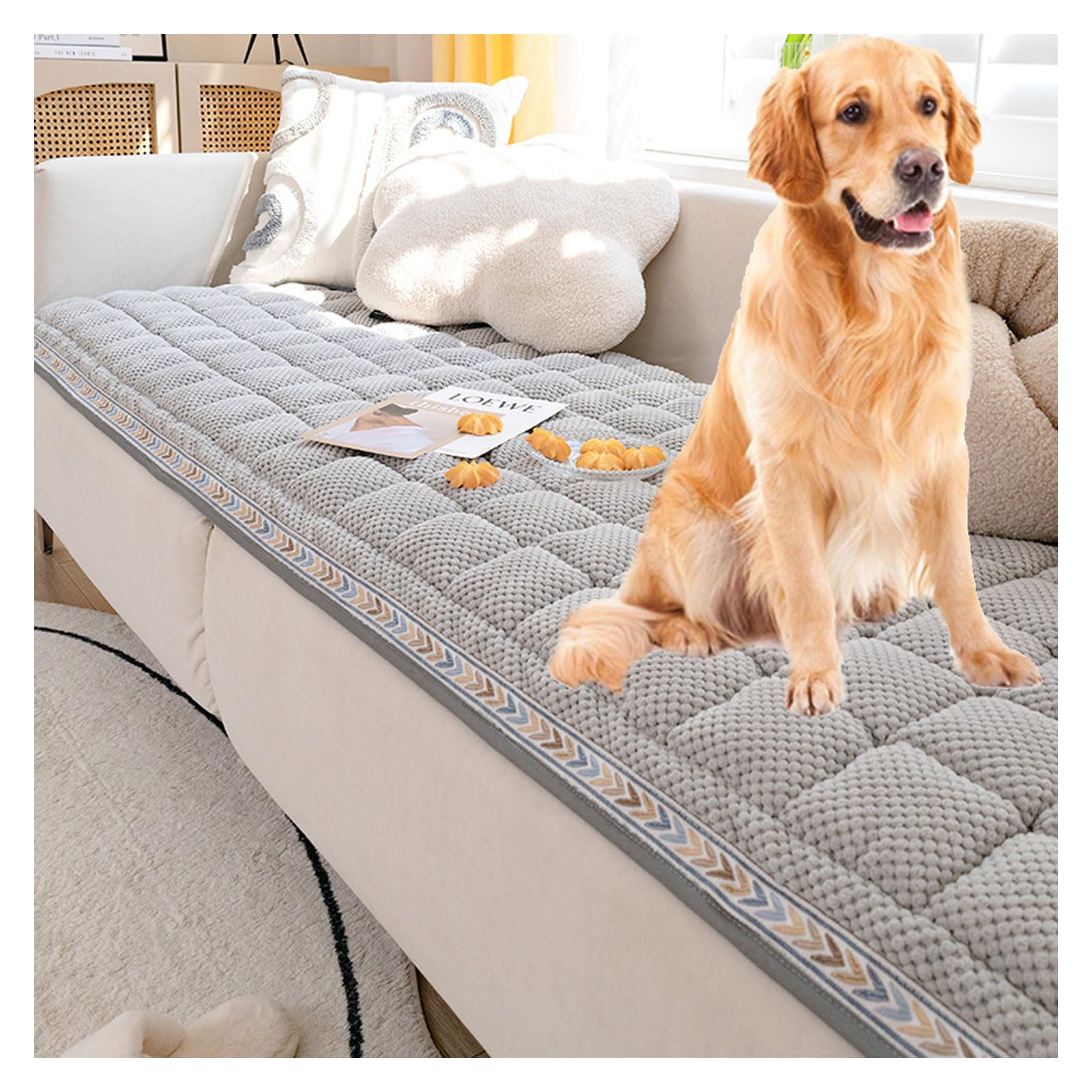 Funnyfuzzy Cream-Coloured Large Plaid Square Pet Mat Bed Couch Cover - Furniture Protector for Dog, Cat - Funny Fuzzy Couch Cover, Blanket Sofa - Mattress Protector