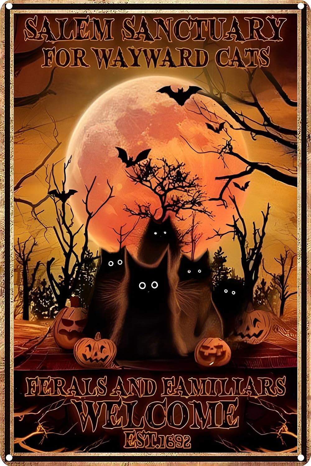 Salem Sanctuary for Wayward Cats Halloween Cat Pumpkin Tin Sign Halloween Tin Signs for Kitchen Home Office Bar Cafe Decor 8x12 Inch