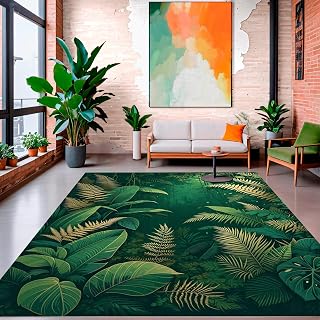 Ultra Soft Area Rug 2x3, Artisan Rainforest Canopy Design with Exotic Flora and Curved Vine Elements, Non Slip, Stain Resistant, Washable Area Rugs for Living Room, Bedroom (Green, 2x3, Pad)