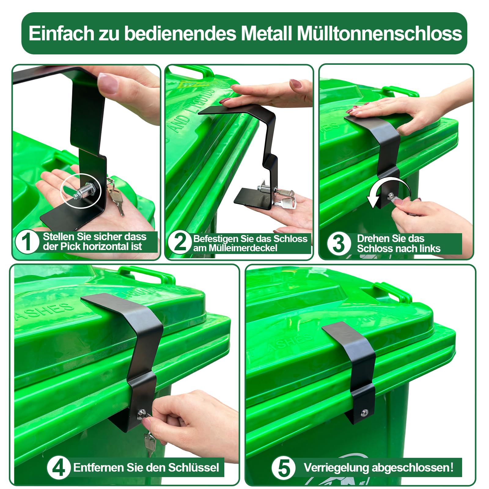 Metall Mülltonnenschloss 240-360 Liter Mülltonnenverriegelung für Müllcontainer und Mülltonnen Outdoor-Mülleimer robustes Edelstahl Mülltonnenverschluss Schloss ohne Bohren, mit Schlüssel
