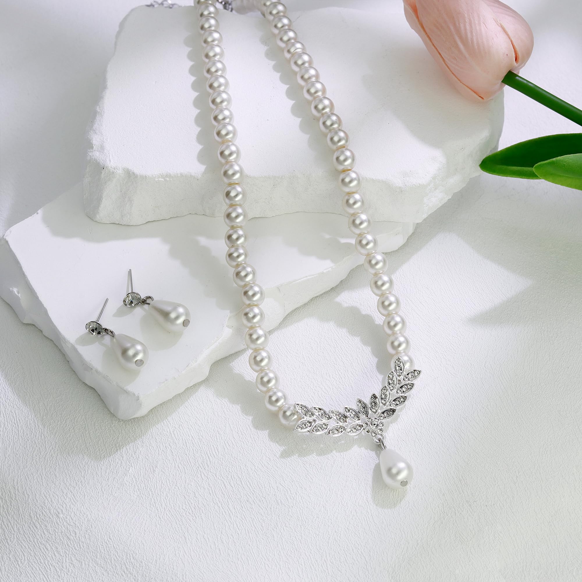 conjuntos de joyería de perlas para las mujeres, collar de perlas de imitación y pendientes de pulsera conjunto de capas collar de perlas de 1920 Joyería de la boda de Juegos