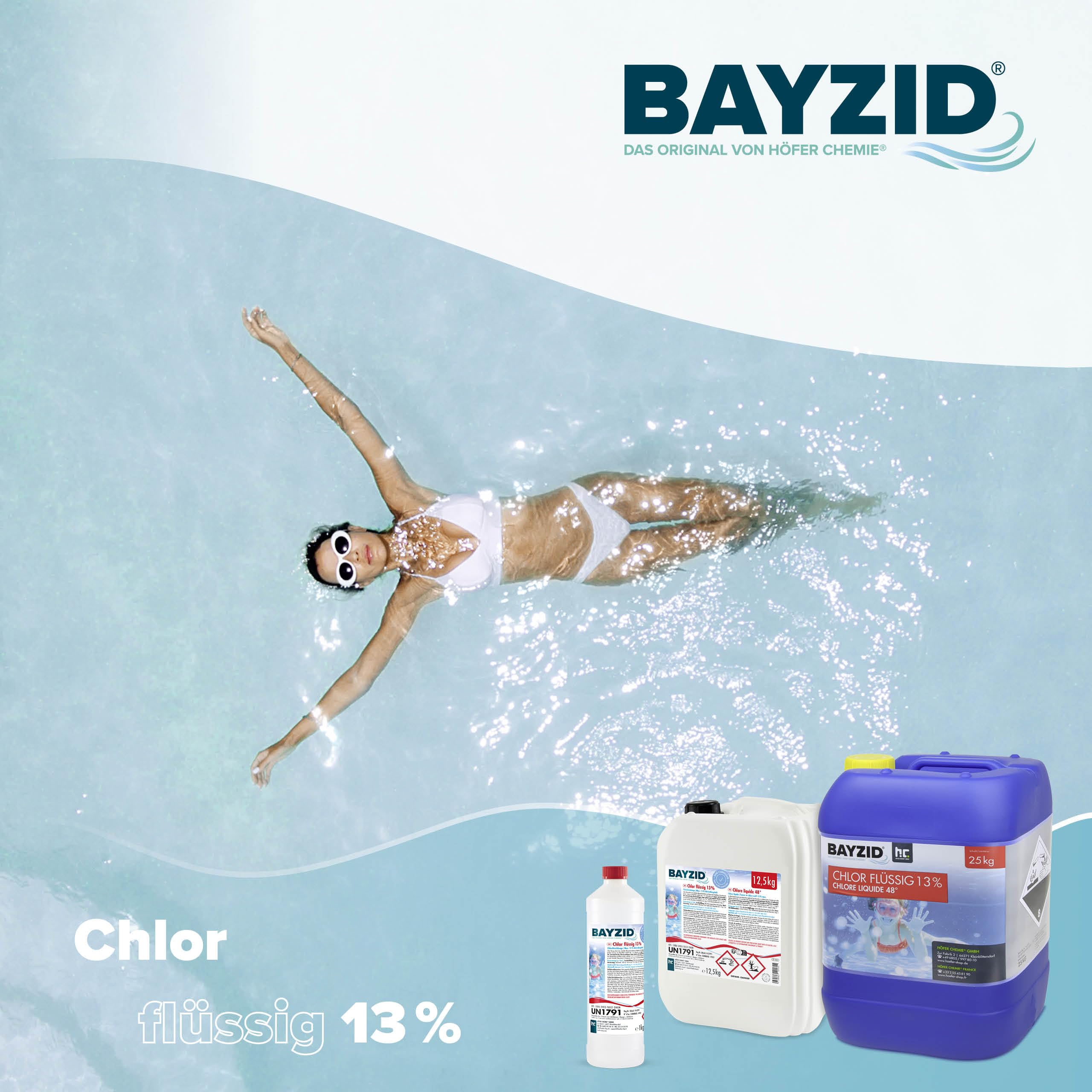 Höfer Chemie 12,5 kg Pool Flüssigchlor BAYZID - mit 13 bis 15% Aktivchlorgehalt zur Poolpflege und Wasserdesinfektion - Made in Germany