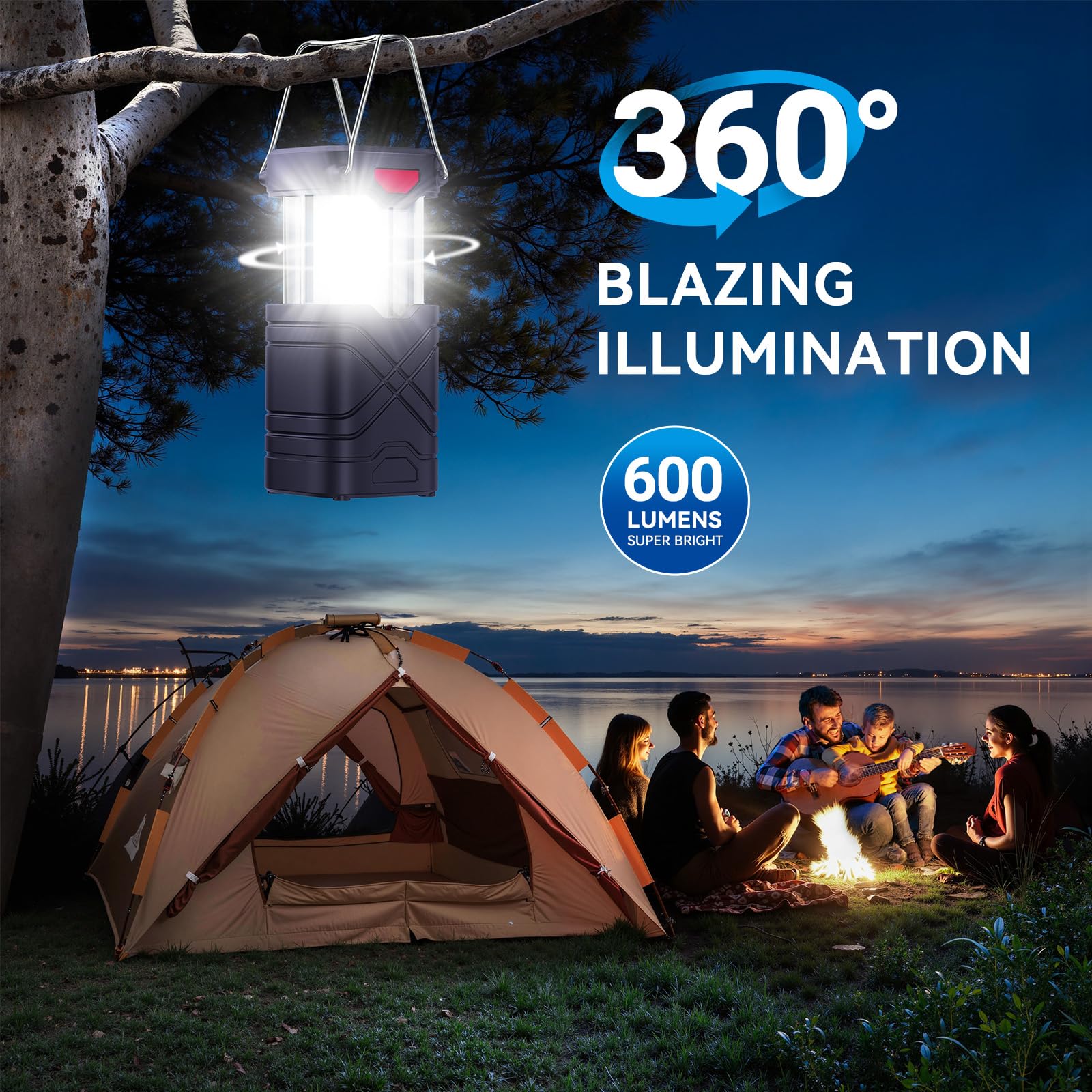 LETMY Confezione da 4 lanterne da campeggio, ricaricabili a LED, lanterne solari alimentate a batteria, con 3 vie alimentate e cavo USB per emergenze, interruzioni di corrente, blu navy