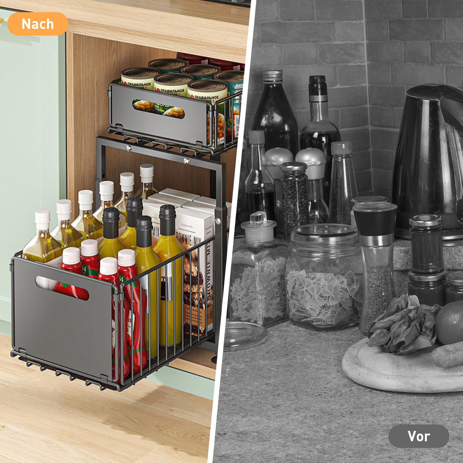 Unterschrank Organizer Küchenschrank mit 2 Etagen Küchenregal Arbeitsplatte Metall Unterspüle für Badezimmer, Anhebbares Mehrfunktional Gewürzregal Standregal