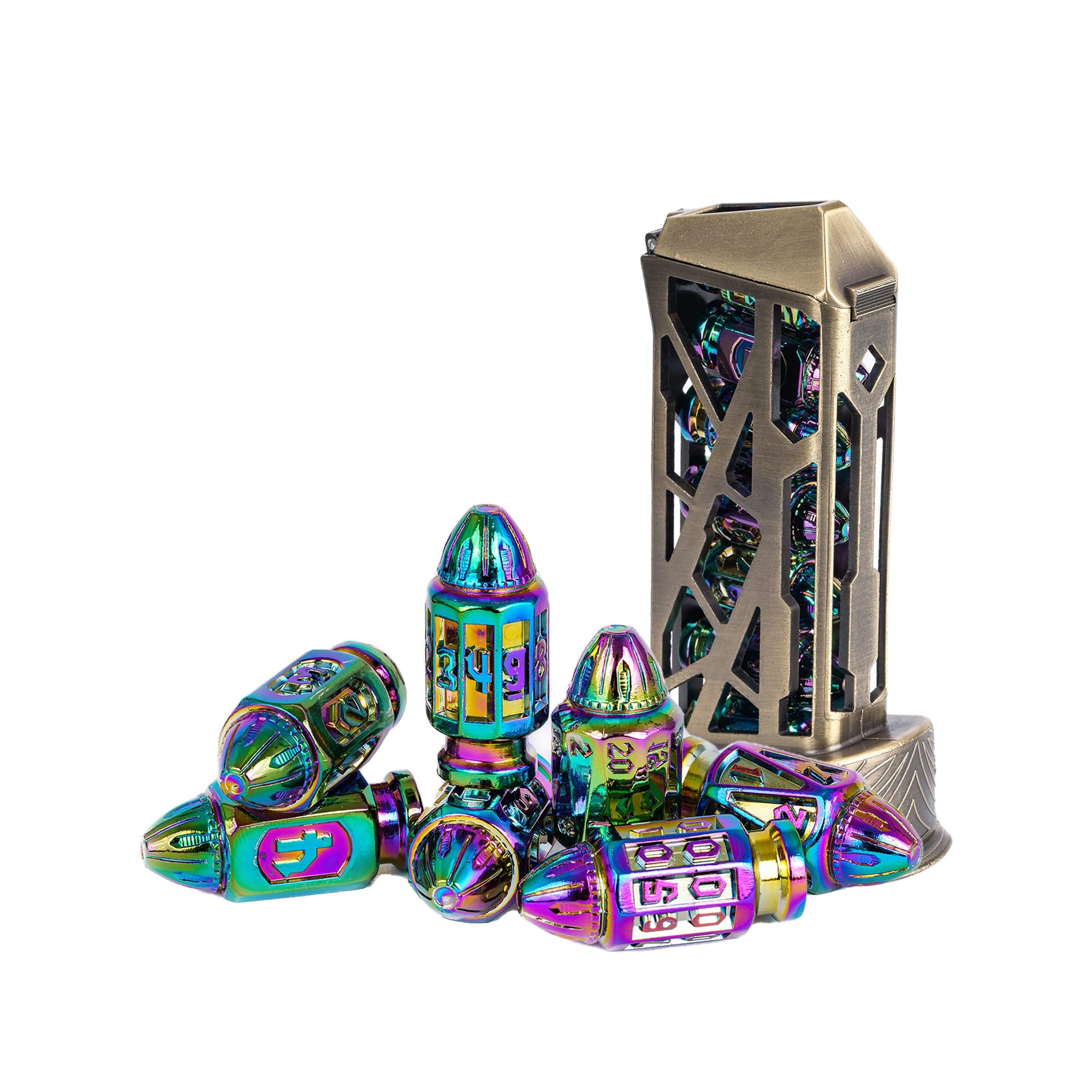 UDIXI Metal DND Bullet Dice Set with Magazine Container, 7-Die Polyhedral Dice Set Cool Style for D&D, Role Playing Game or Other Tabletop Games（Colorful）