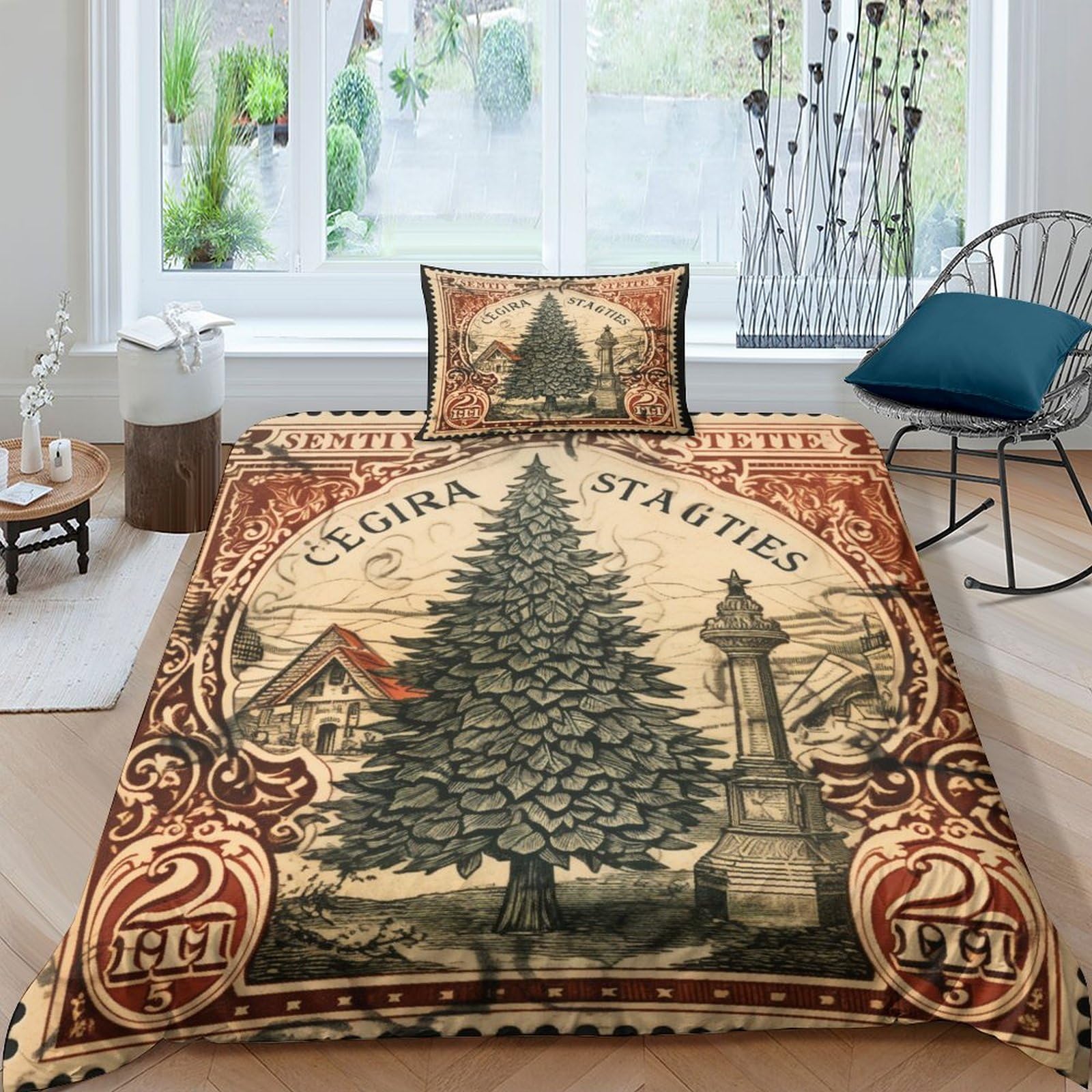 Housse de couette Noël vintage 3 pièces en microfibre 135x200cm pour lit simple avec taies