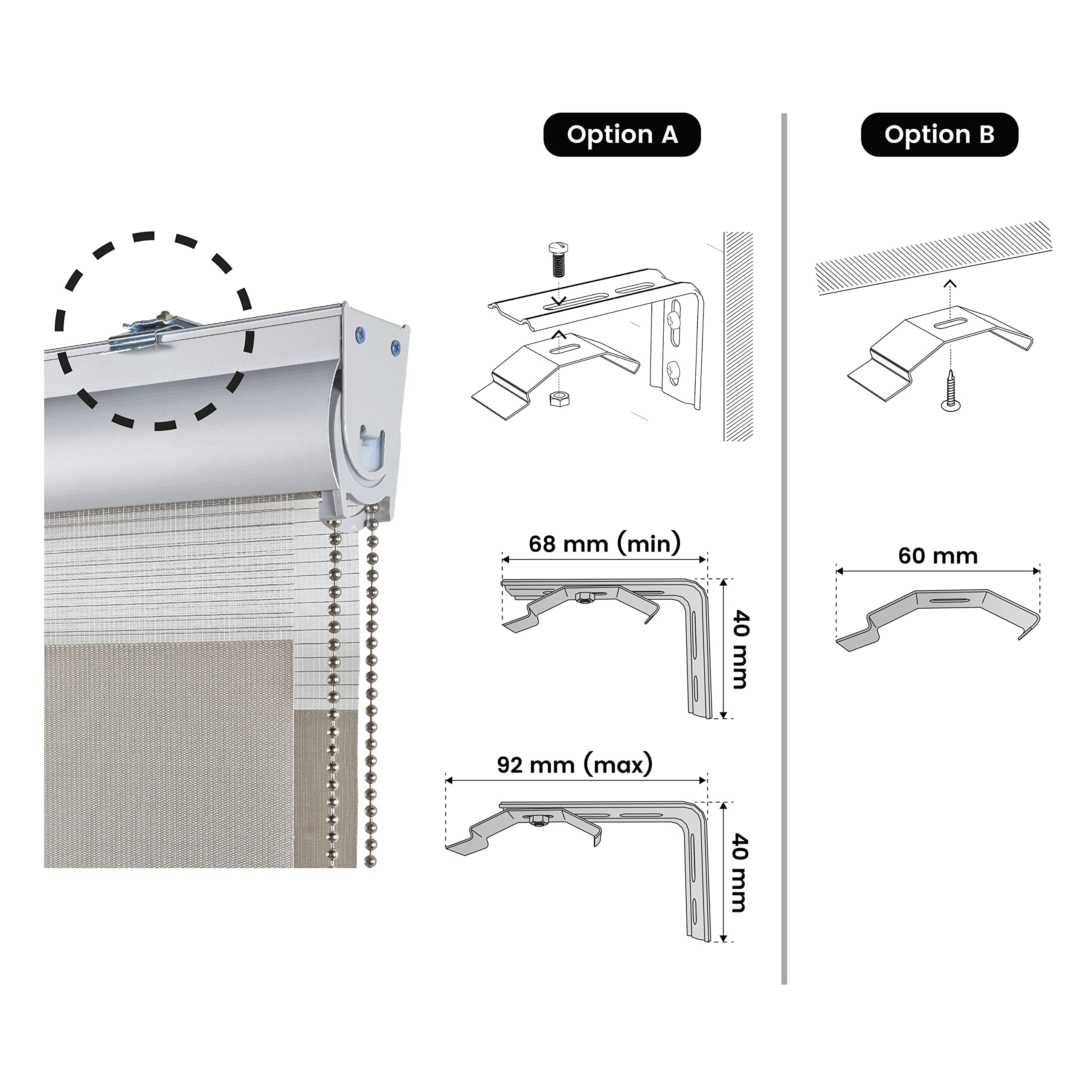 Tende a rullo per interni Giorno e Notte Premium cassonetto e catenella in alluminio, di alta qualità, Tenda a rullo per interni Doppio strato per finestra Storesdeco 180 x 250 cm Bianco