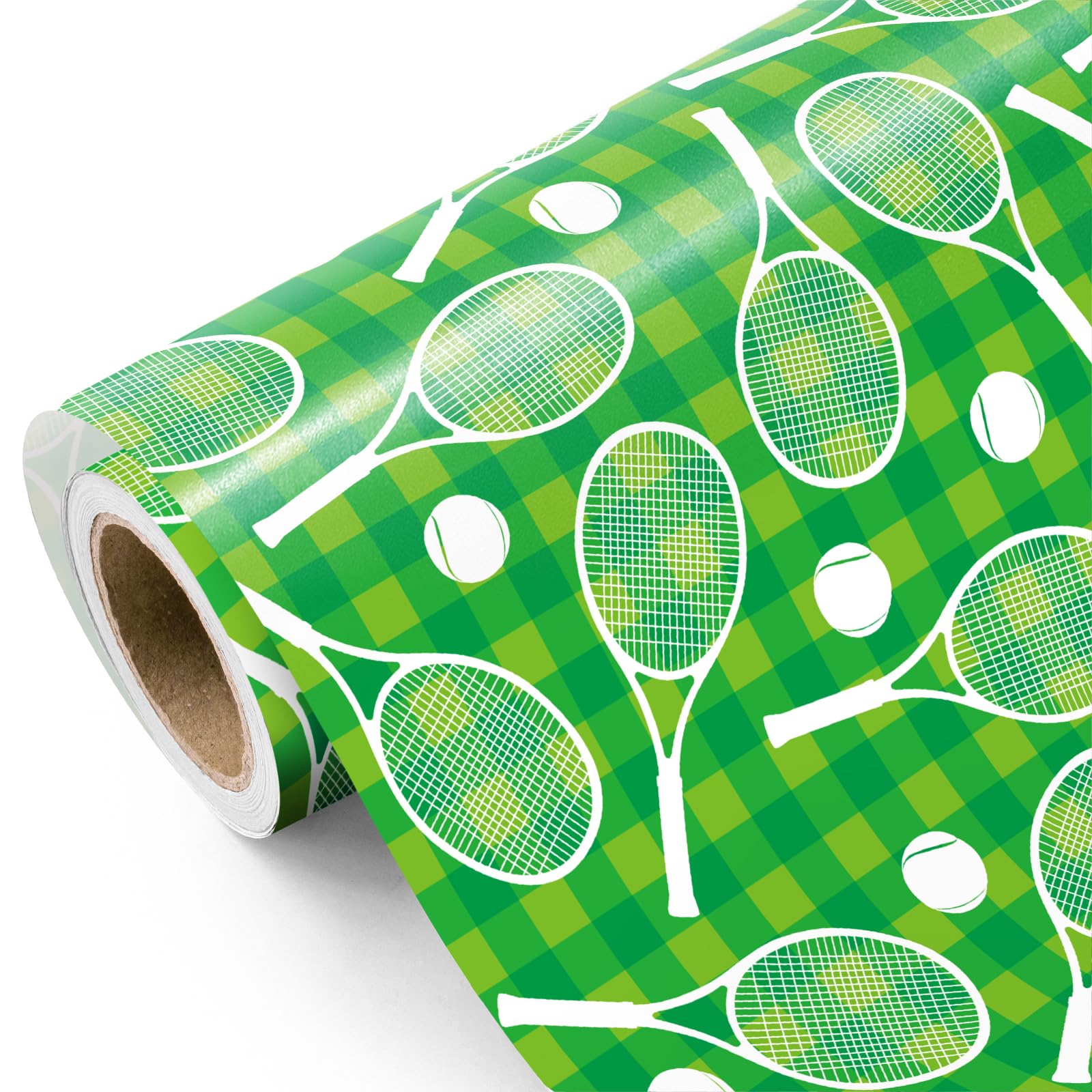 WRAPAHOLIC Tennis Wrapping Paper Roll - Mini Roll - 17 Inch x 16.5 Feet - Tennis Racket & Ball on Green Plaid Wrapping Paper for Birthday, Sports Party, Coach Gift