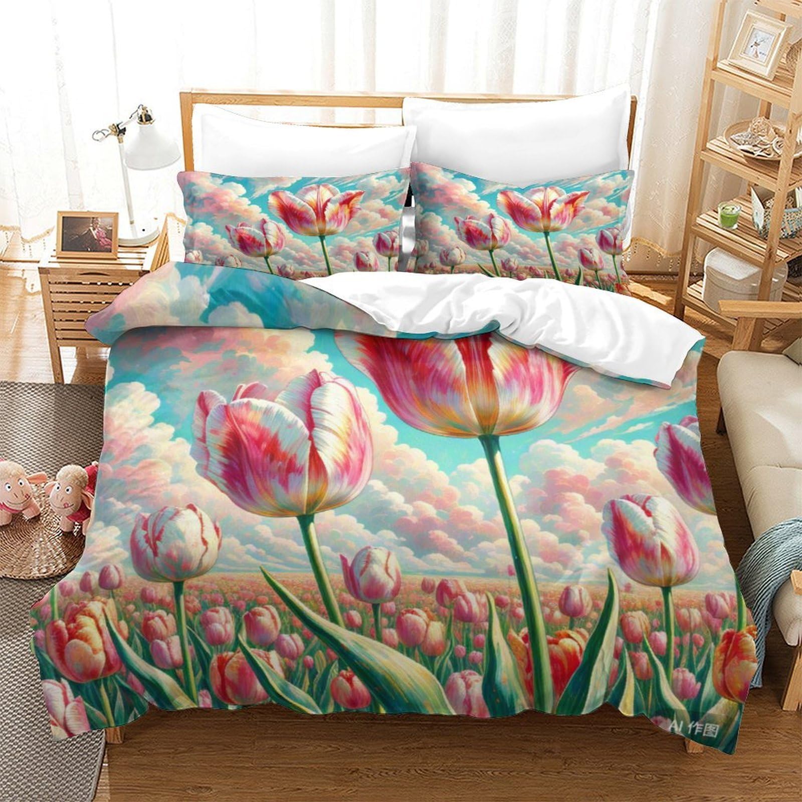 Parure de couette tulipee fermeture éclair invisible pour fille