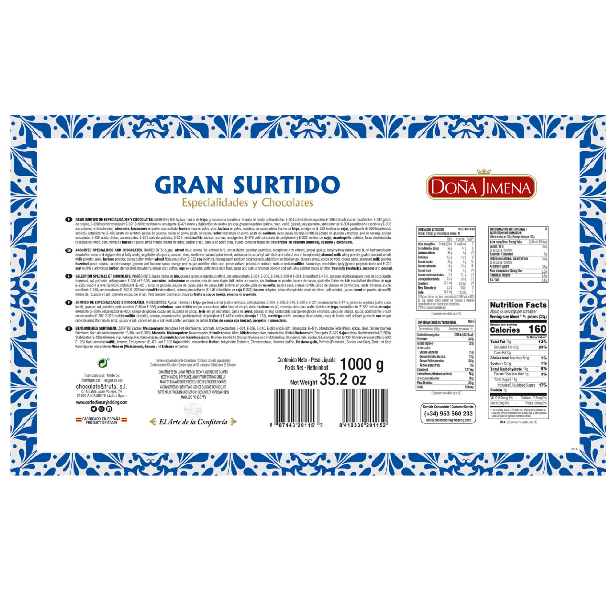 Doña Jimena Gran Surtido de Dulces Tradicionales 1000 Gramos, Especialidades y Chocolates Mini Pralinés Sabores Variados, Típico Dulce Navideño Receta Artesanal