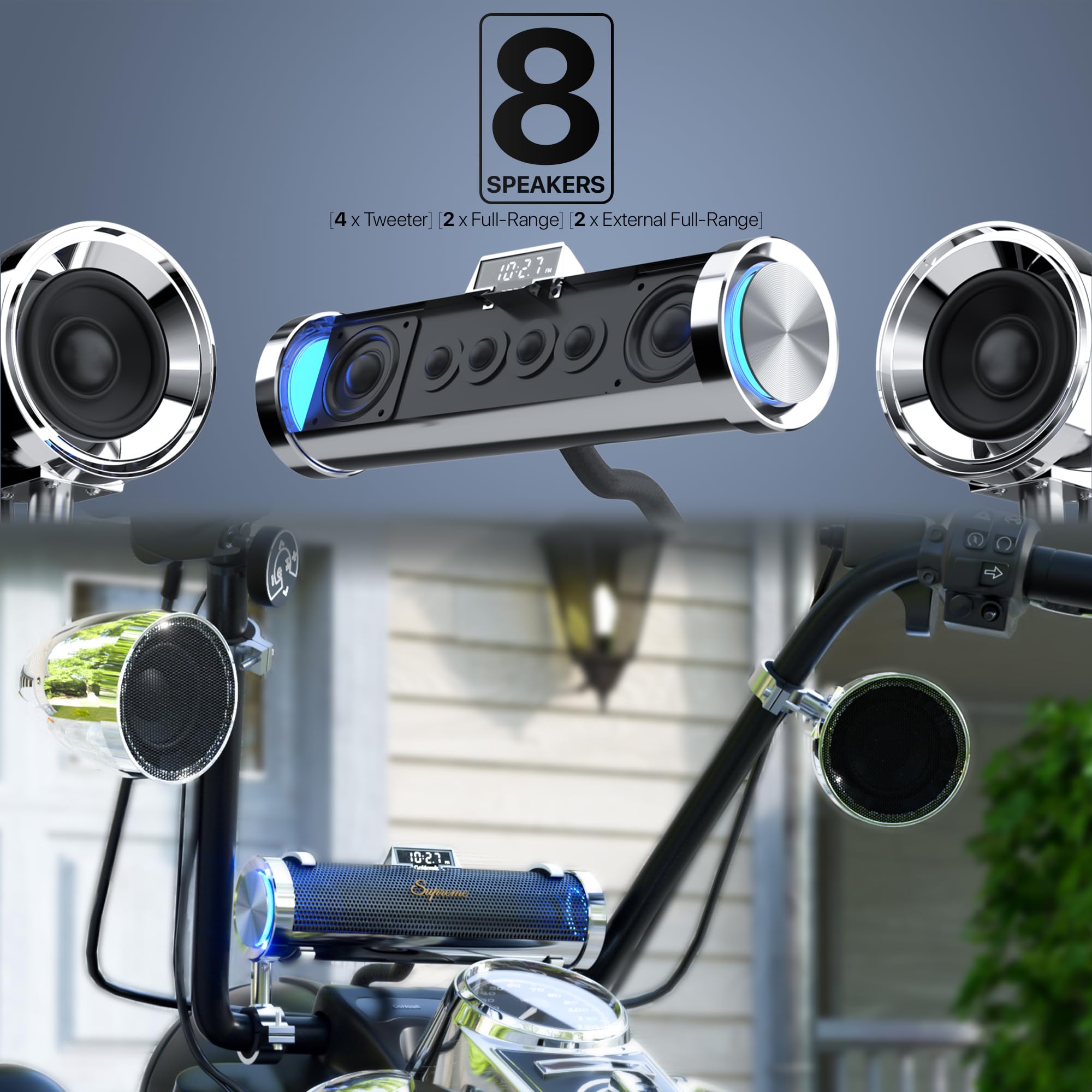 Motorcycle Bluetooth Speakers | 8-Speaker Waterproof Stereo System w/ 4.25
