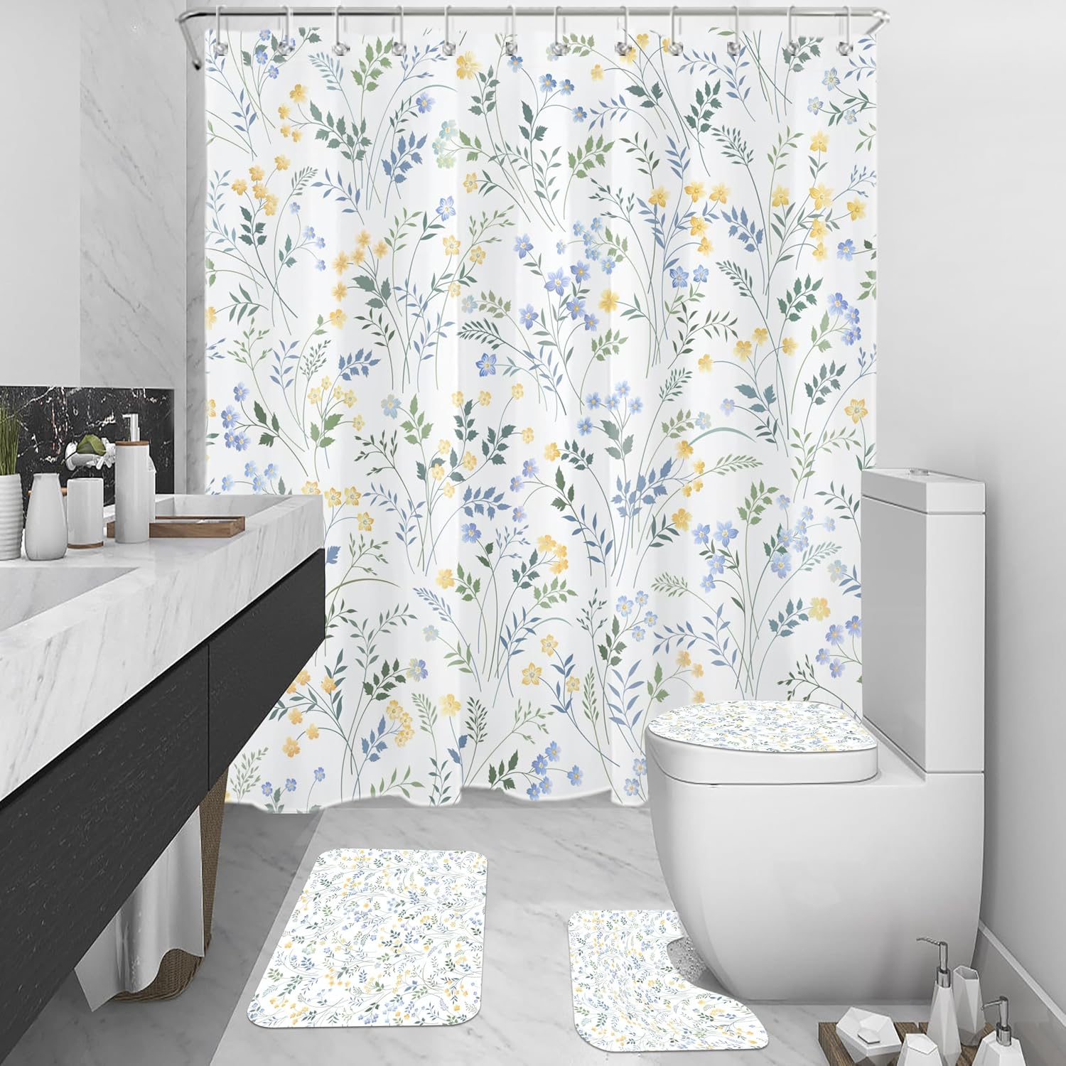 4 Pcs Blue and Yellow Floral Shower Curtain Set with Non-Slip Bathroom Rugs Spring Flower Green Leaf Plant on White Shower Curtain with Bath Mat and Toilet Lid Cover, 72W X 72L Inches