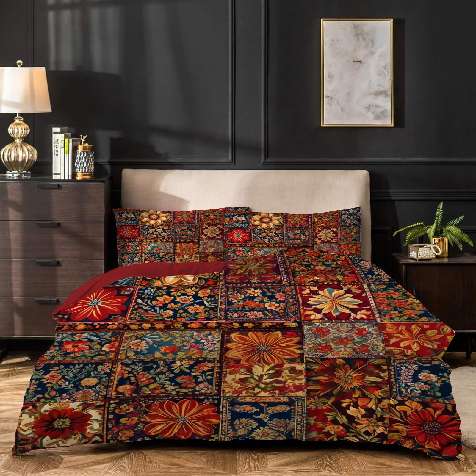 Dyausi Red Emperor Duvet Cover Set Patchwork Flowers Stylish Bedding Set 3Pcs With Zipper Closure For Adult Woman Reversible Microfiber Quilt Cover 290X235cm And 2 Pillowcases 50X75cm