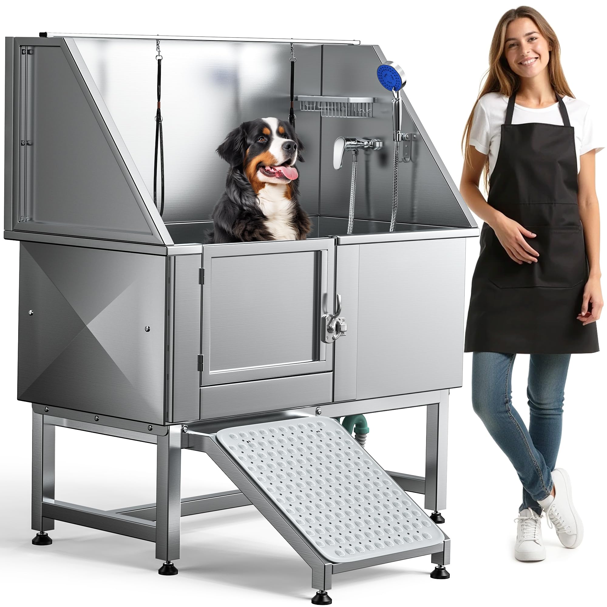 DWVO Professional Pet Dog Bathing Station for Grooming, 50'' Dog Grooming Bathtub with Left Ramp, Floor Grate, Faucet, Showerhead & Soap Holder for