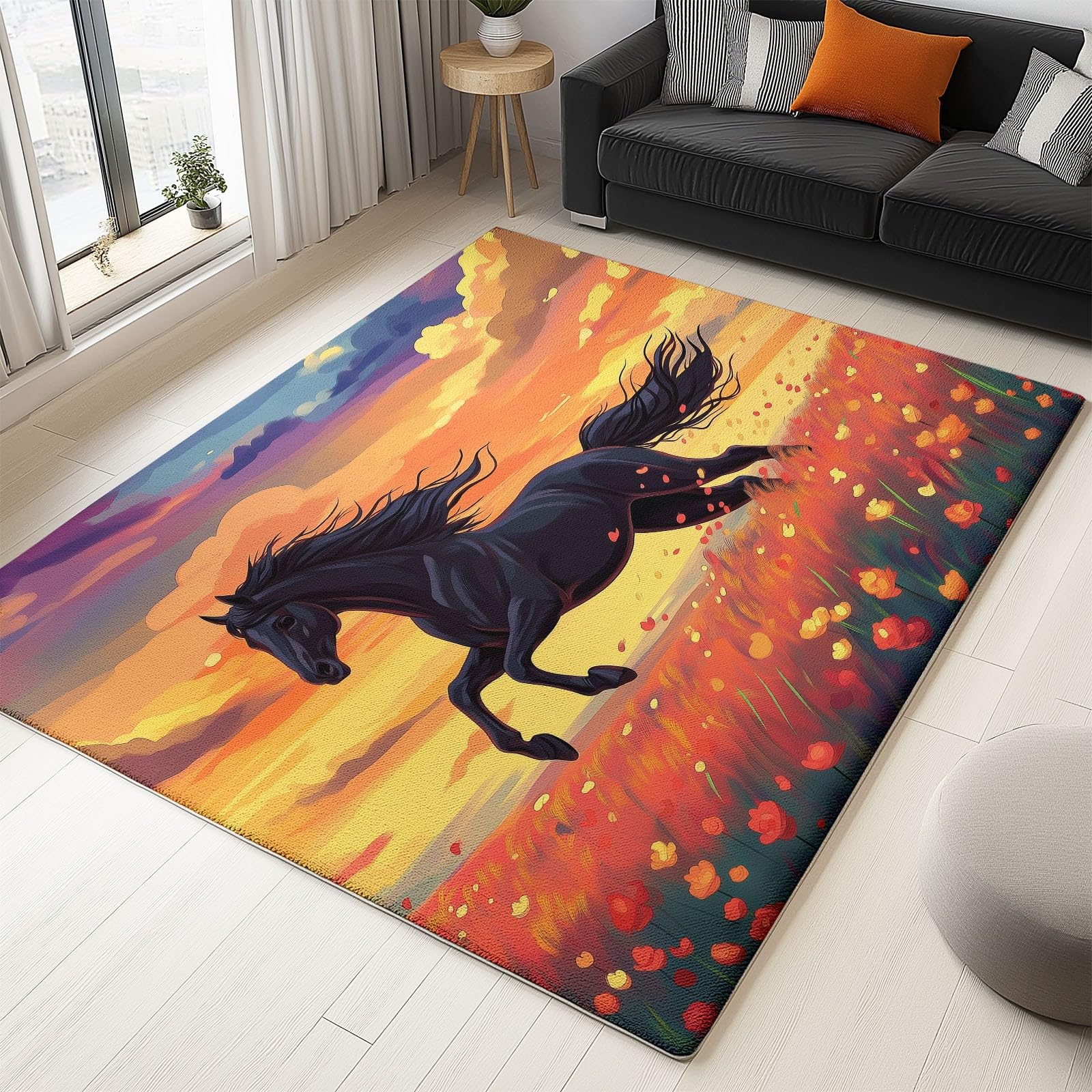 Lavabile in Lavatrice Tappeto per Soggiorno Camera da Letto Ufficio Decorazione 120 x 180 cm, Cartoni Animati Animali Floreale Prato Tema Flanella Tappeti con Supporto Antiscivolo, Arancia