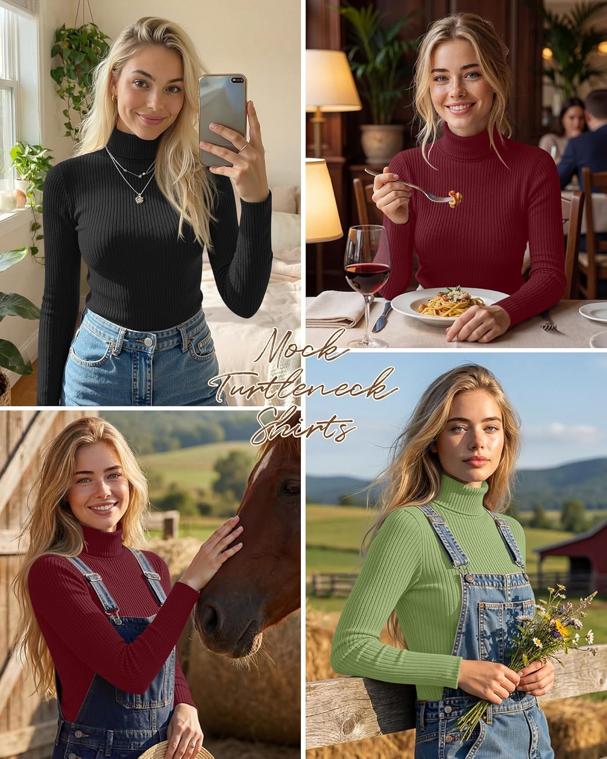 3 Pack Women’s Ribbed Turtleneck Tops Long Sleeve Cotton Stretch Shirts Slim Fit Base Layer Undershirt Tees - Image 2