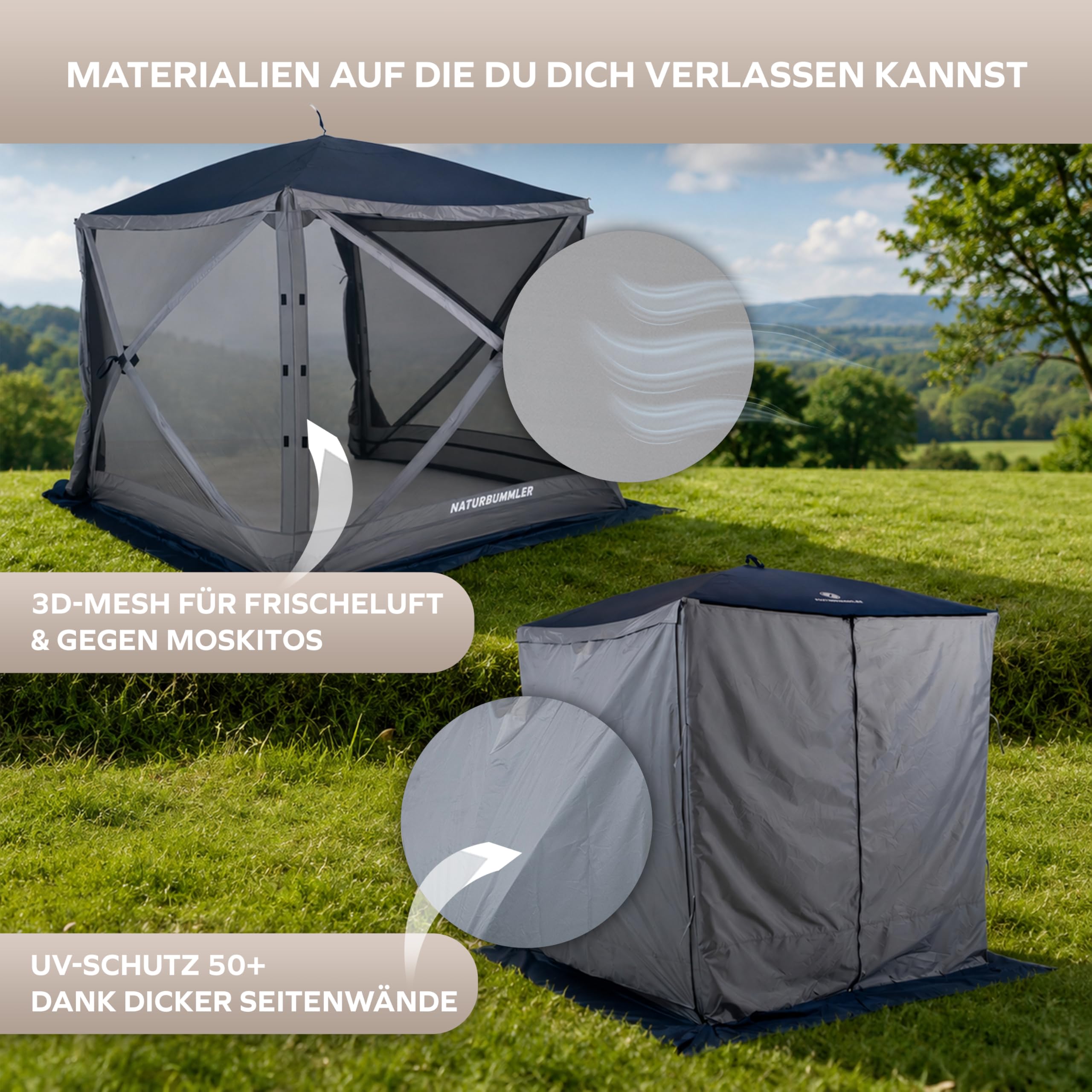 NATURBUMMLER Pavillon faltbar [CampBase L] Faltpavillon 1,80 x 1,80m mit Pop Up System für bis zu 4 Personen (Schnellaufbau in Minuten) Camping Pavillon wasserdicht mit UV-Schutz & Moskitonetz