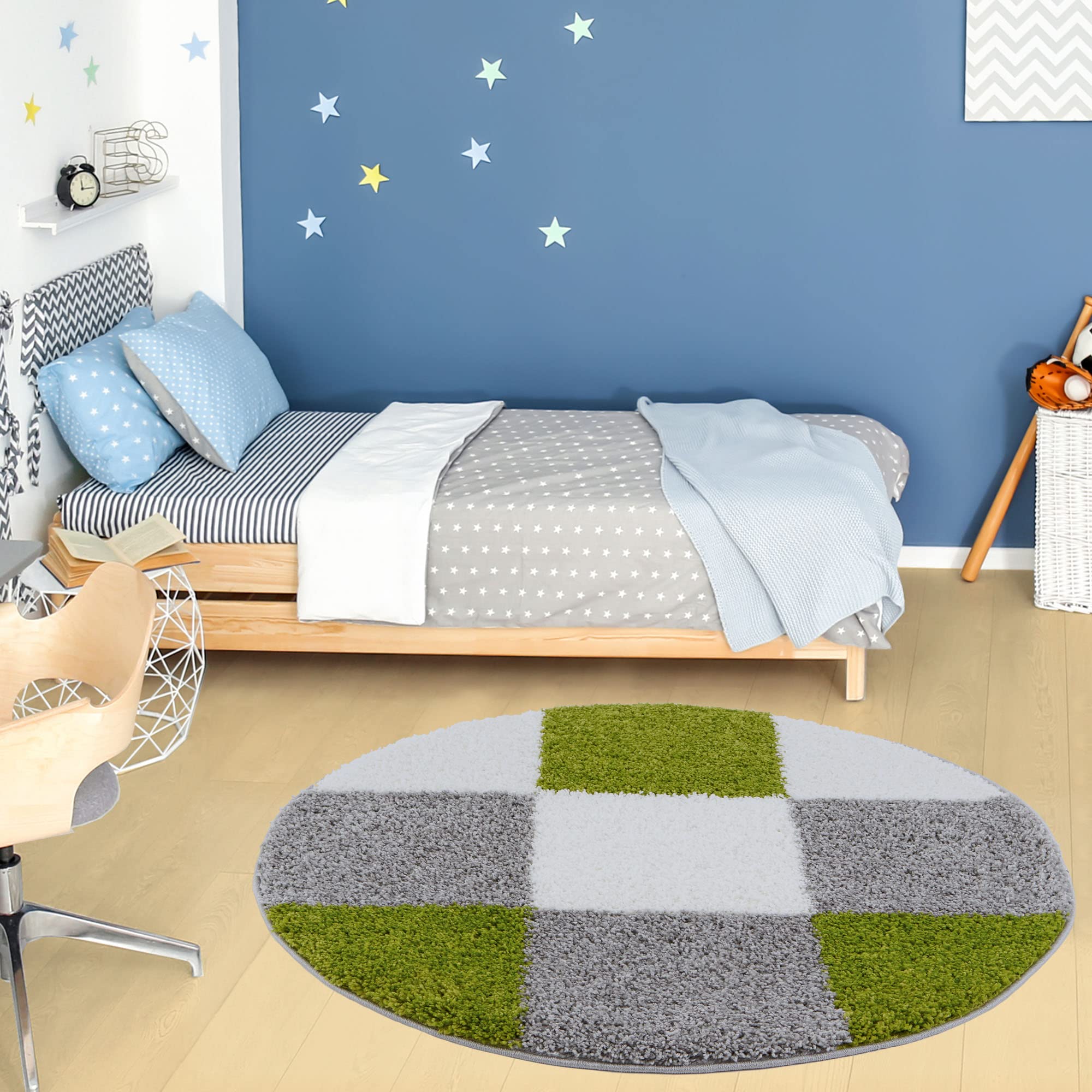 THE RUGS Area Rug – Modern Luxury Shaggy Rug, Multicolour Pattern Carpet, Ultra Soft for Bedroom, Living Room, Kids Room, (120 cm Round, Green)