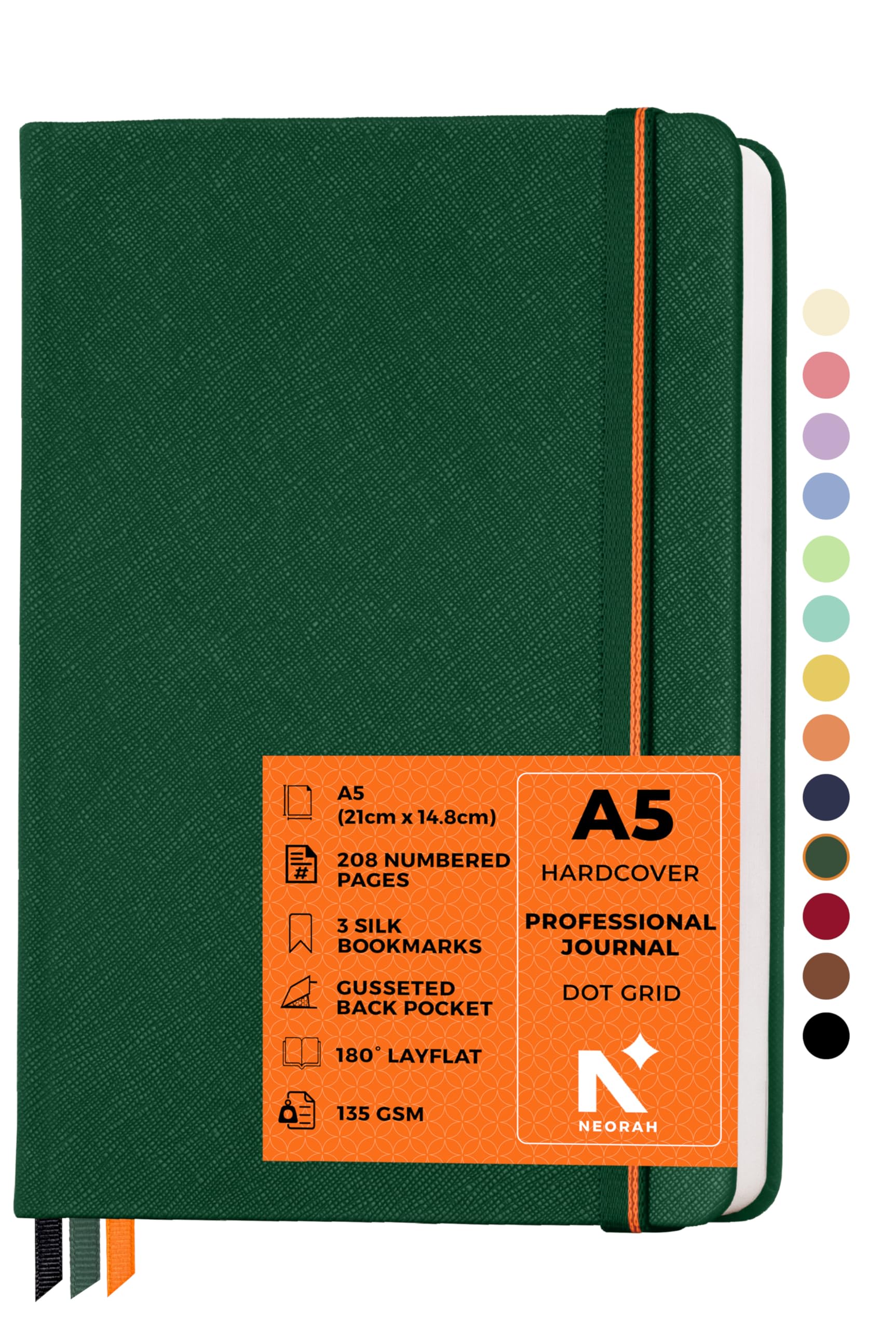 NEORAH - A5 Dot Grid PROFESSIONAL Journal -135 Gsm-(210x148 mm)-Hardcover Dotted Noteook-|Back Pocket|3 Silk Book Mark |208 Pages- Completely HANDMADE for journaling,writing,Note Taking - DARK GREEN