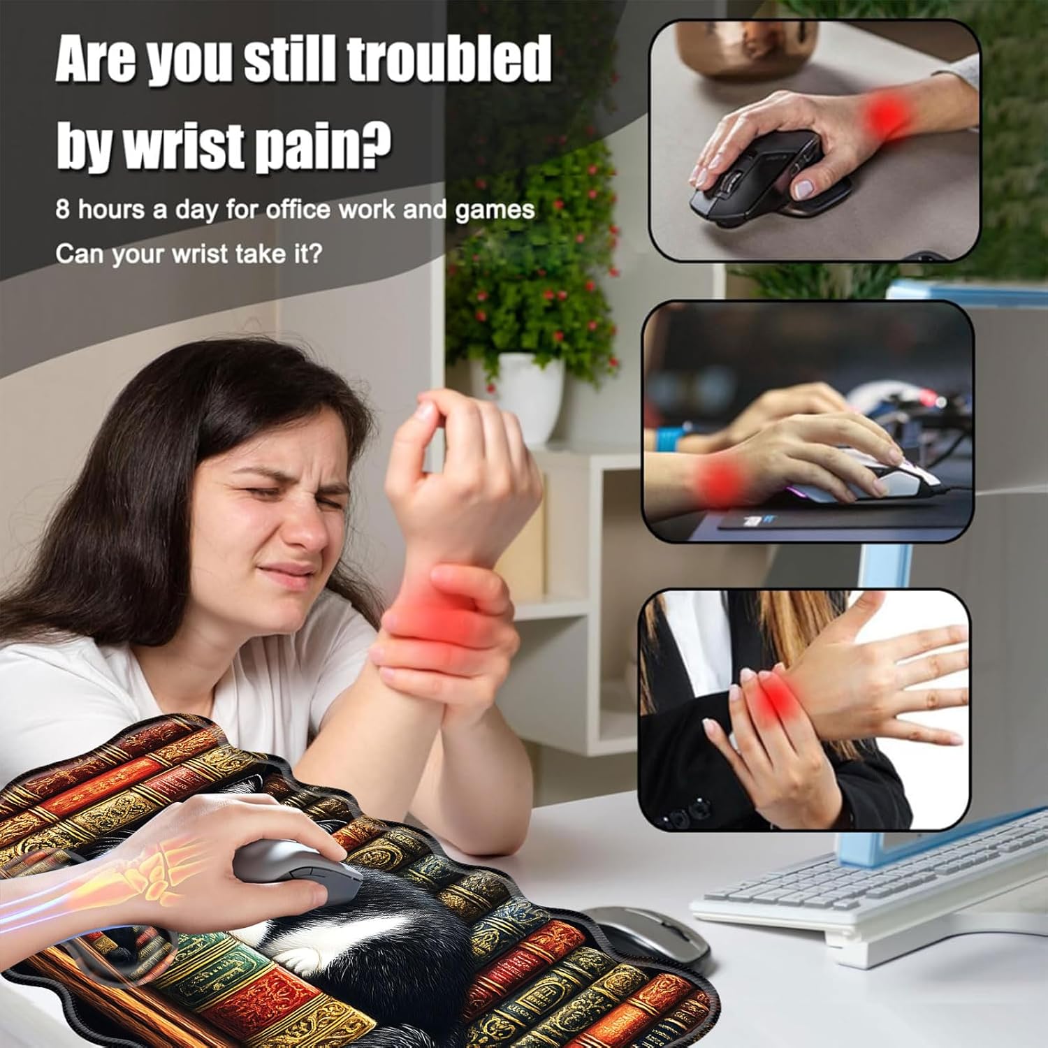 Desk Mat, Mouse Pad with Wrist Rest, 4-in-1 Large Mouse Pads for Desk, Ergonomic Mouse Pad and Keyboard Wrist Rest Gaming Keyboard Mat for Office,Cat on Bookshelf