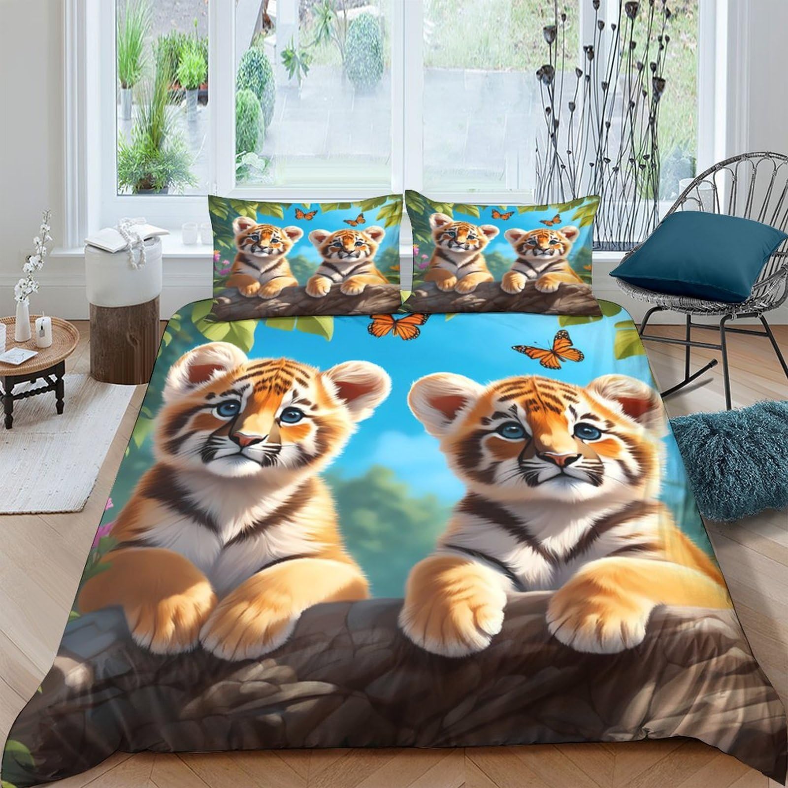XFKLYNVCJ 3D Printed tiger cubs sitting Duvet Cover Breathable Fabric cartoon jungle scene Bed Cover Machine Washable Stain Resistant Quick Drying for All Season Bedding Use Single（135x200cm）