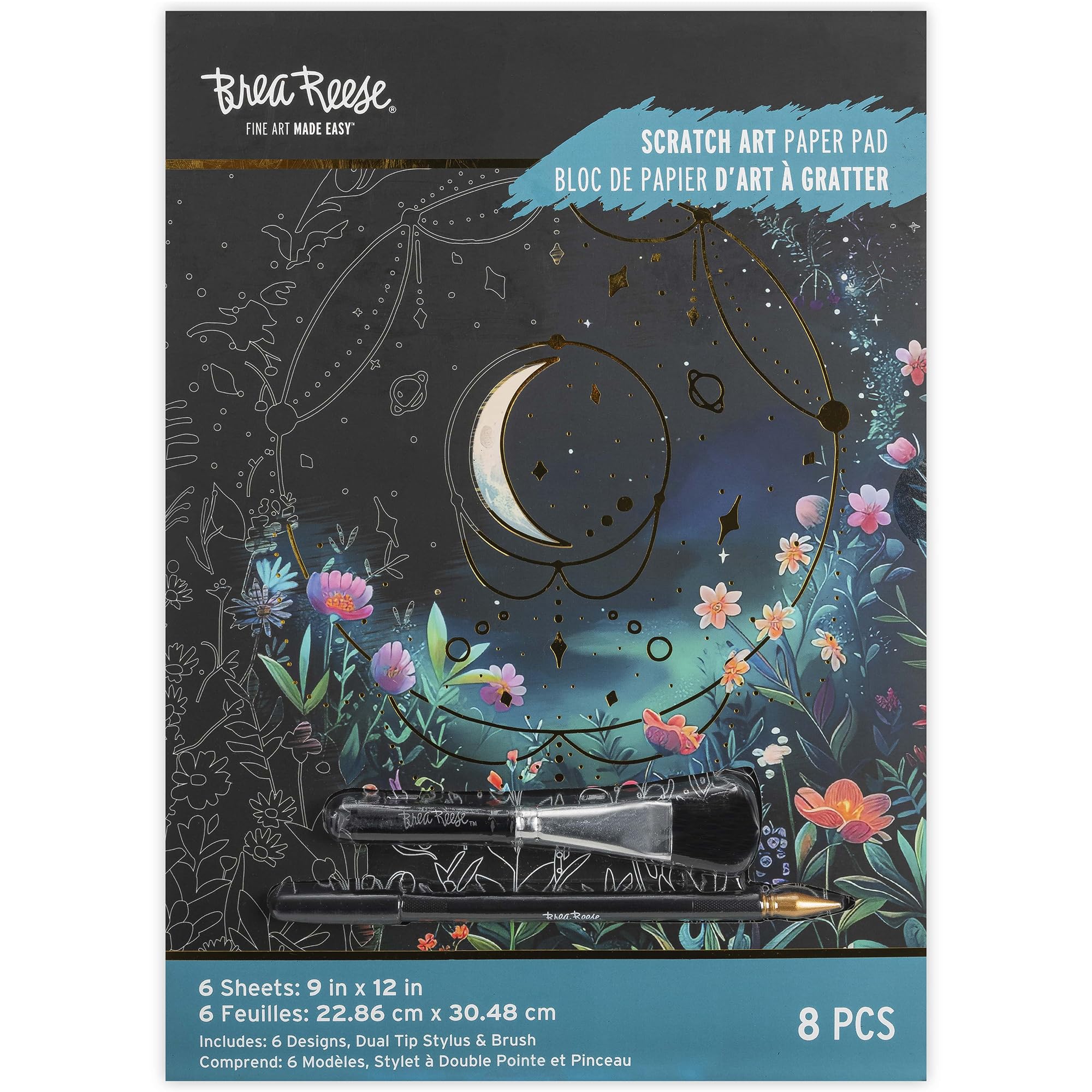 Brea Reese: Scratch Art Paper Pad - Moonlight Garden - 6 Designs, Guided Art, Metallic Accents, Stylus & Brush, Perforated 9x12 Pgs, DIY Adult Craft-image-16