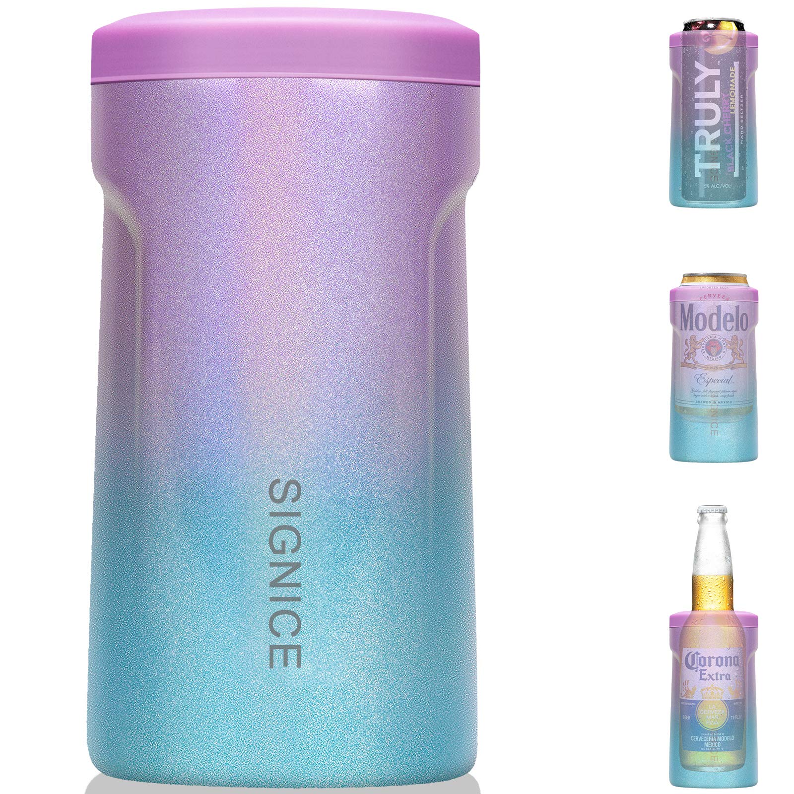3-IN-1 Insulated Can Cooler - Signice Double Walled Vacuum Insulator Stainless Steel Slim Can Cooler for 12 Oz Skinny Tall Can / Standard Regular Can / Beer Bottle (Glitter Purple Blue)